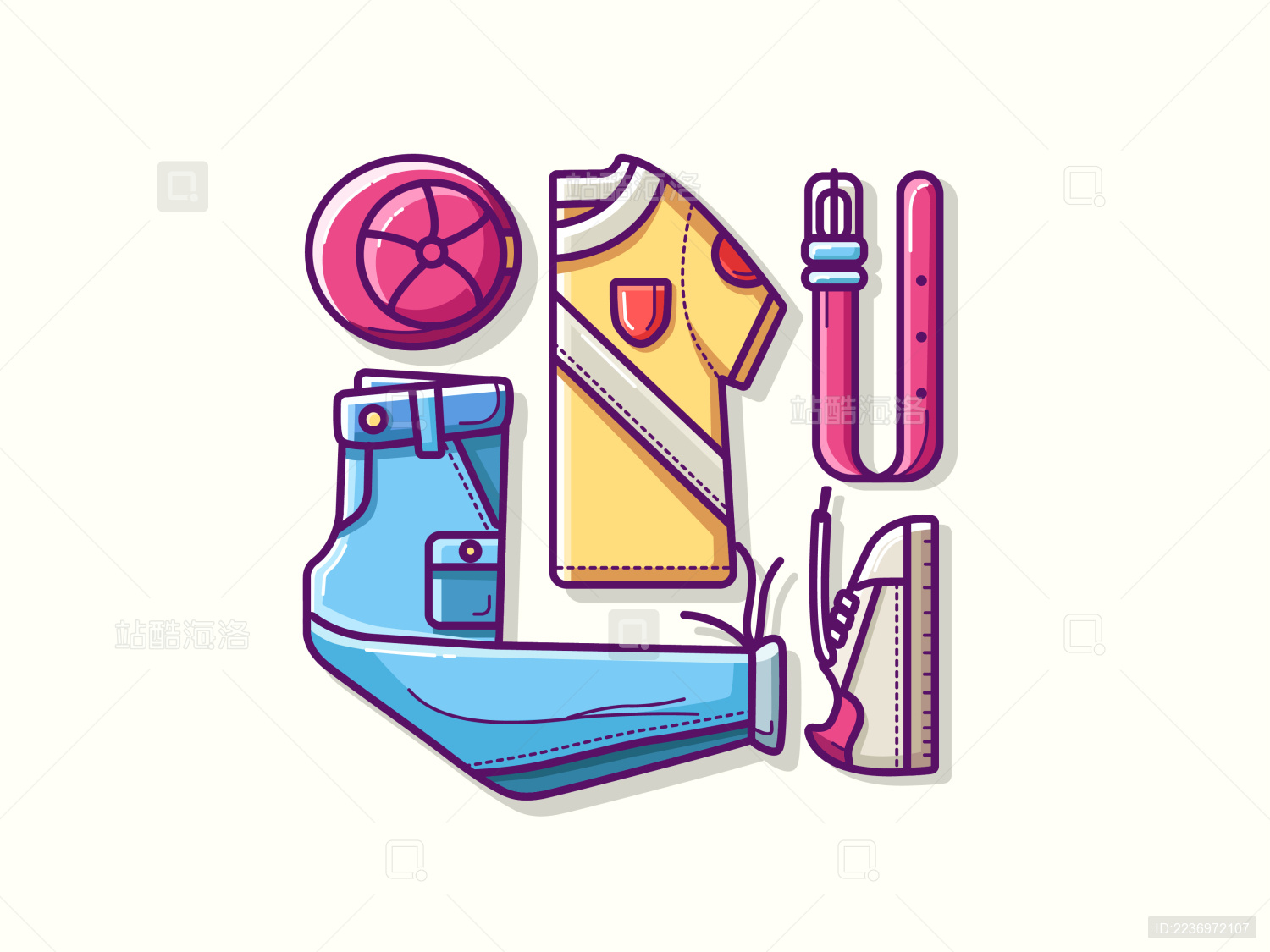 生活物件帽子裤子鞋子皮带衬衫运动衣服摆拍矢量插画