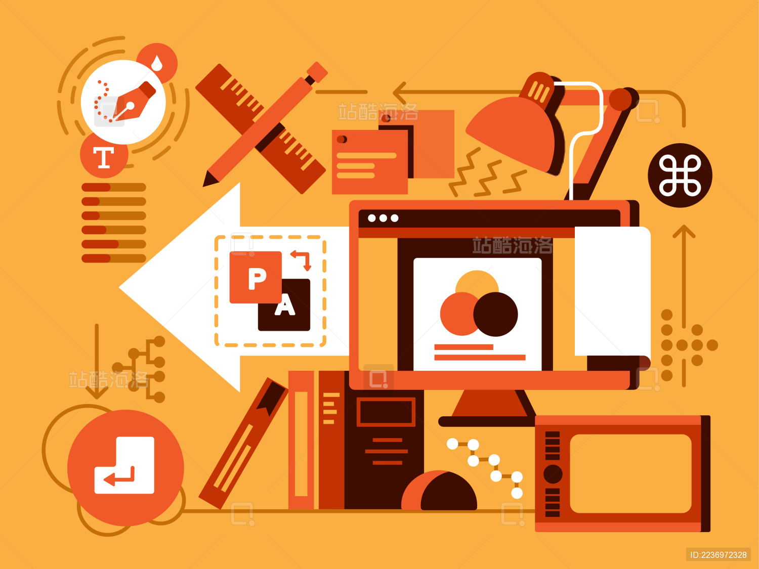 设计师的书房物体摆拍矢量插画