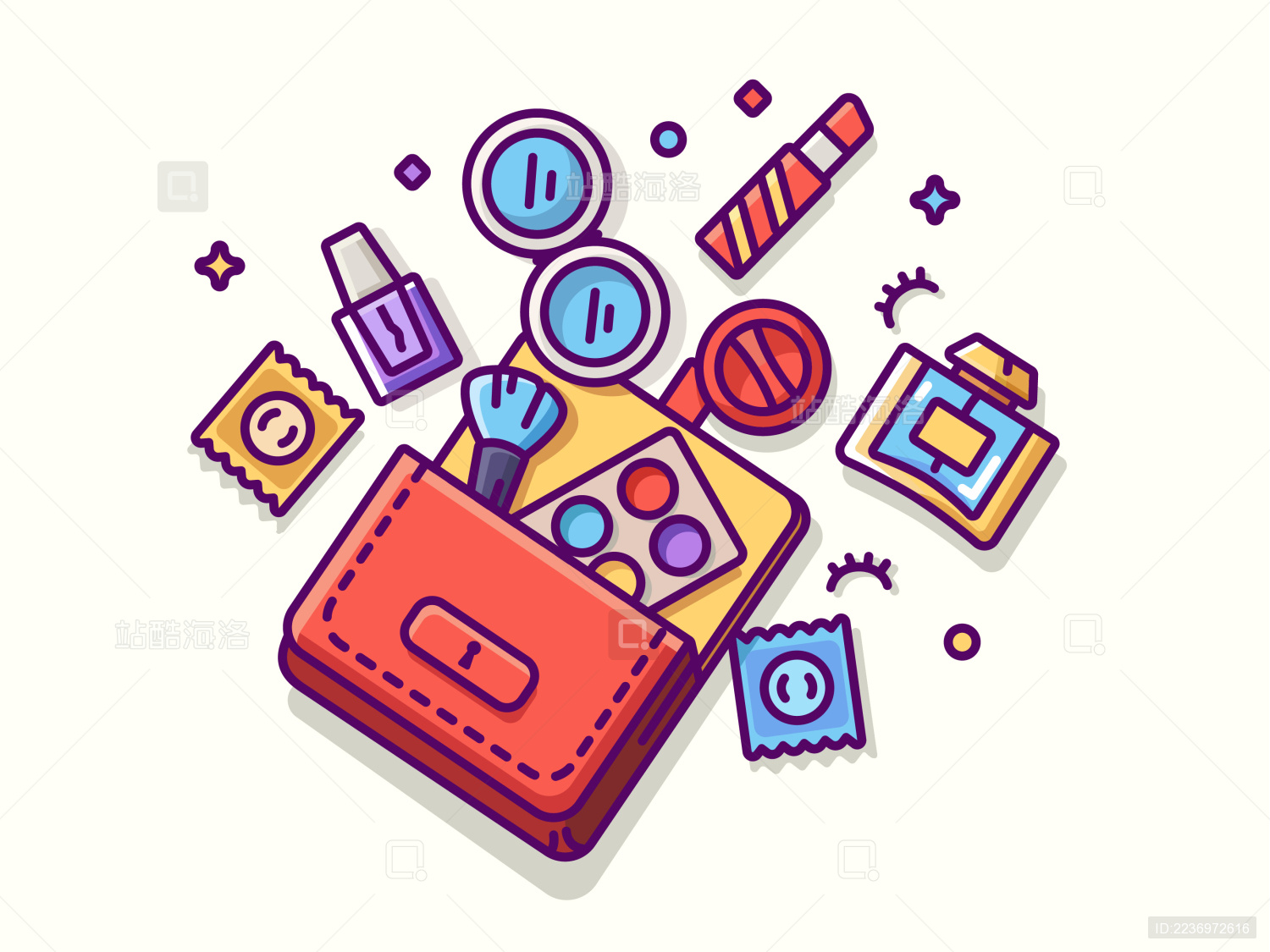 女生红色包里的东西避孕套口红香水指甲油化妆品粉底化妆物品散落了在桌面上矢量插画