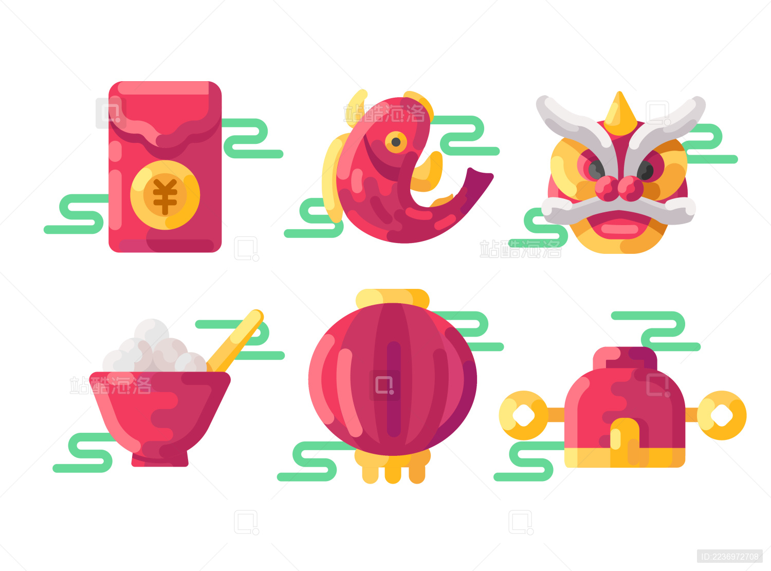 春节节日图标六组红包图标锦鲤图标舞狮图标灯笼图标财神图标汤圆图标矢量插画