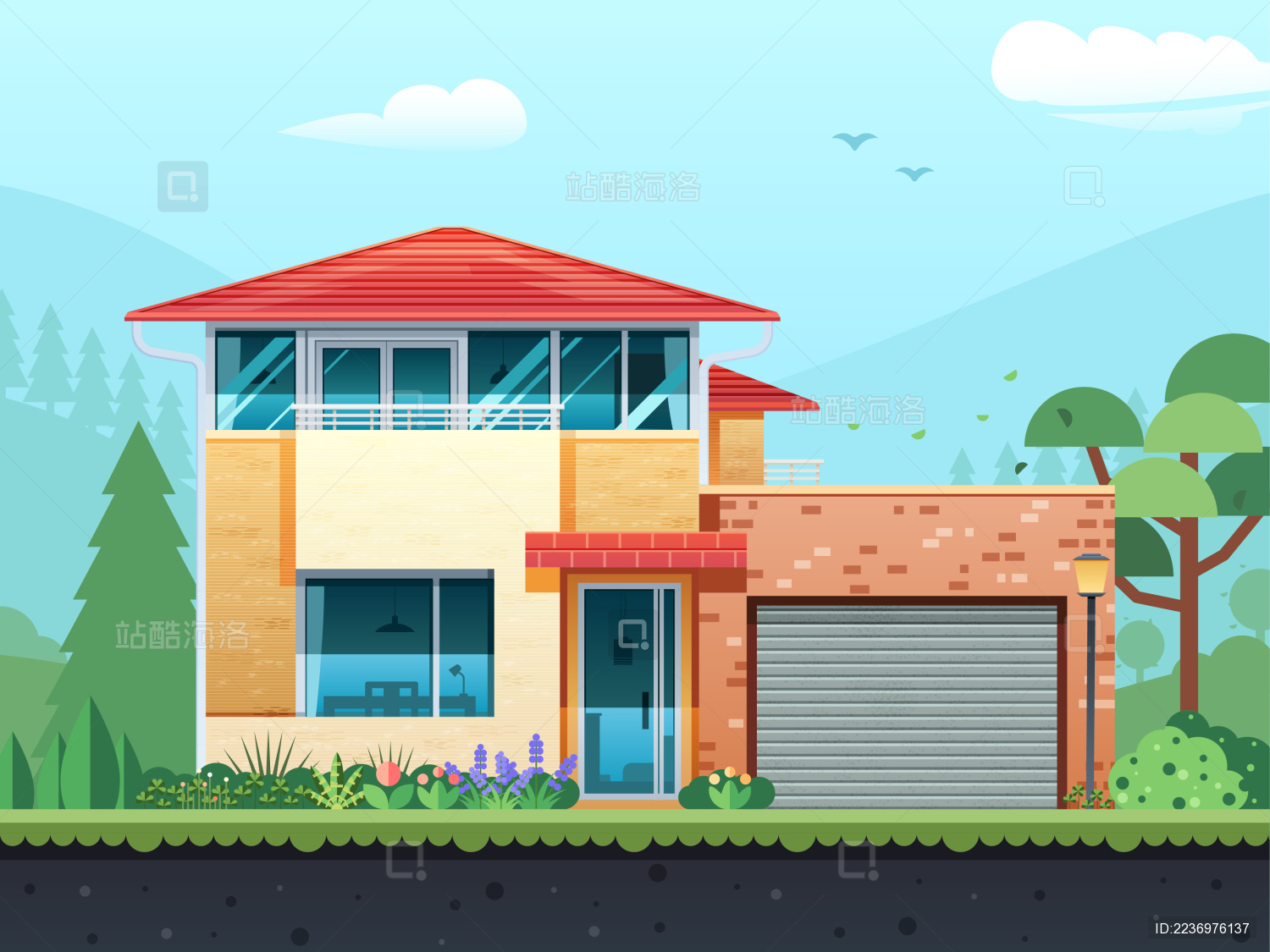 扁平风暖色双层建筑住宅别墅自然风景插画