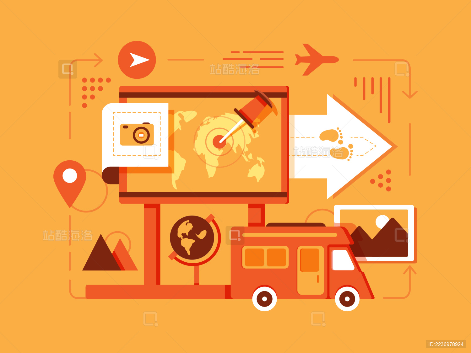 地图旅游地球仪车辆出发组合插画