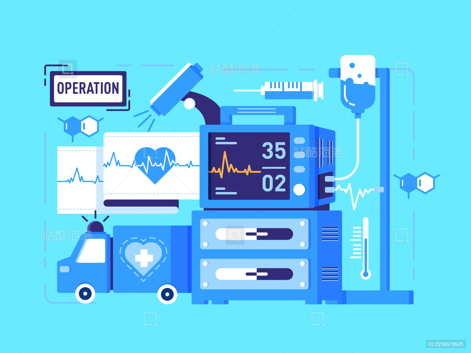 医疗心率仪器表救护车组合插画