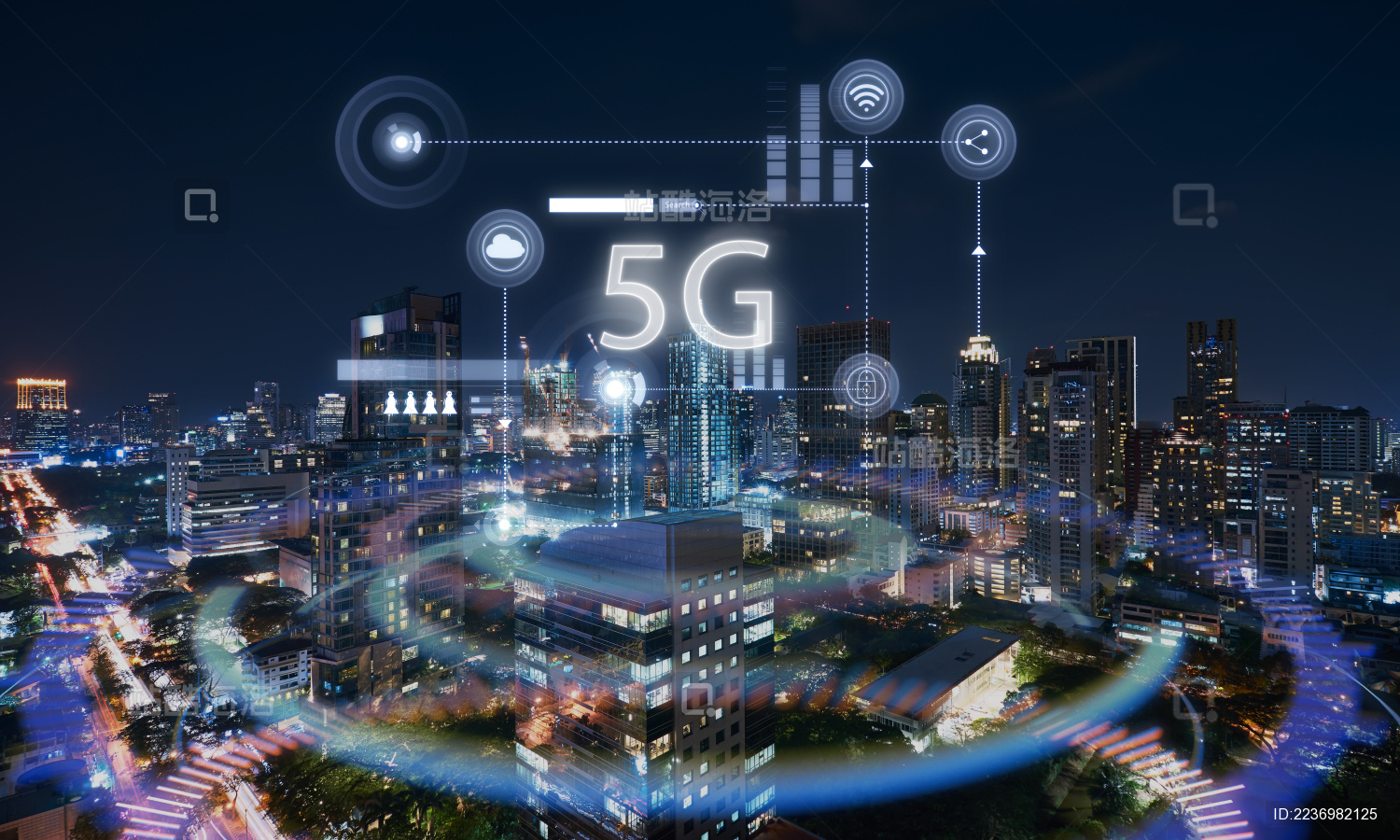 先进的5G无线通信网络概念与现代城市背景。
