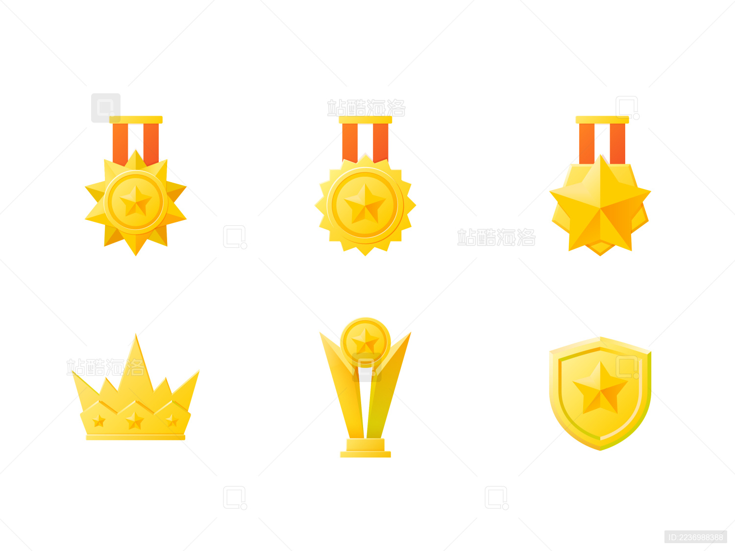 各式各样的金色奖杯奖牌设计