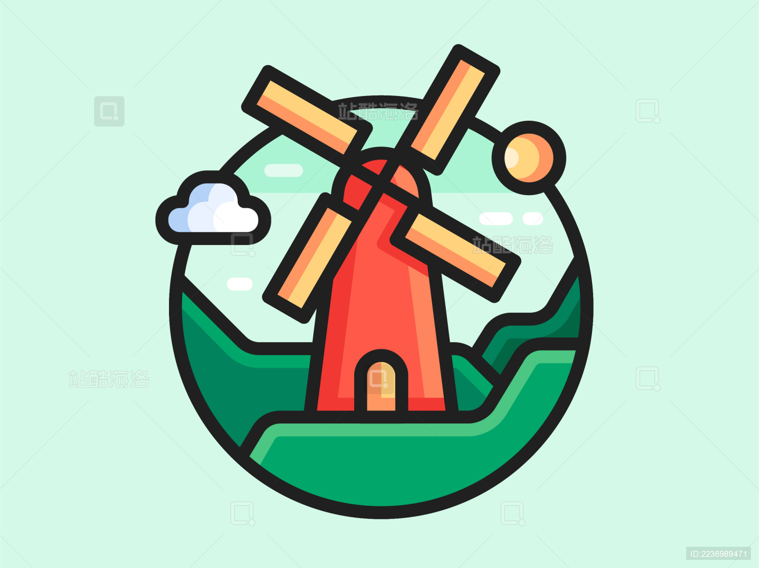 田野红色风车描边风矢量图形