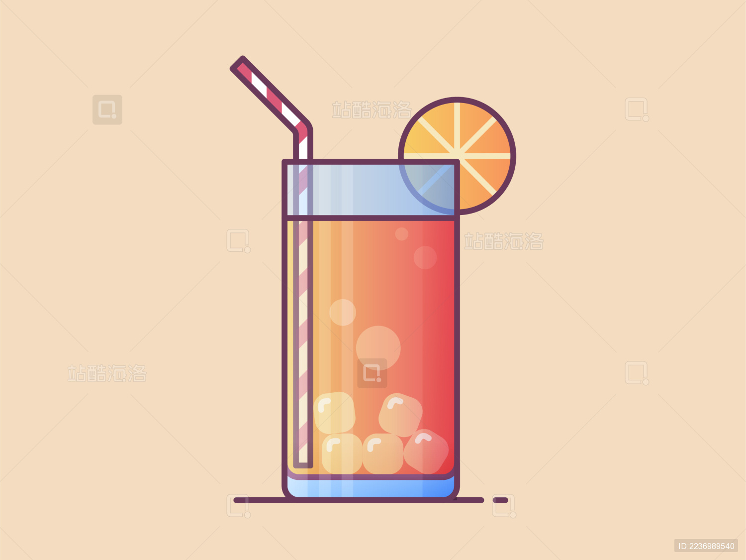 红白吸管冰块橙色橙汁玻璃杯