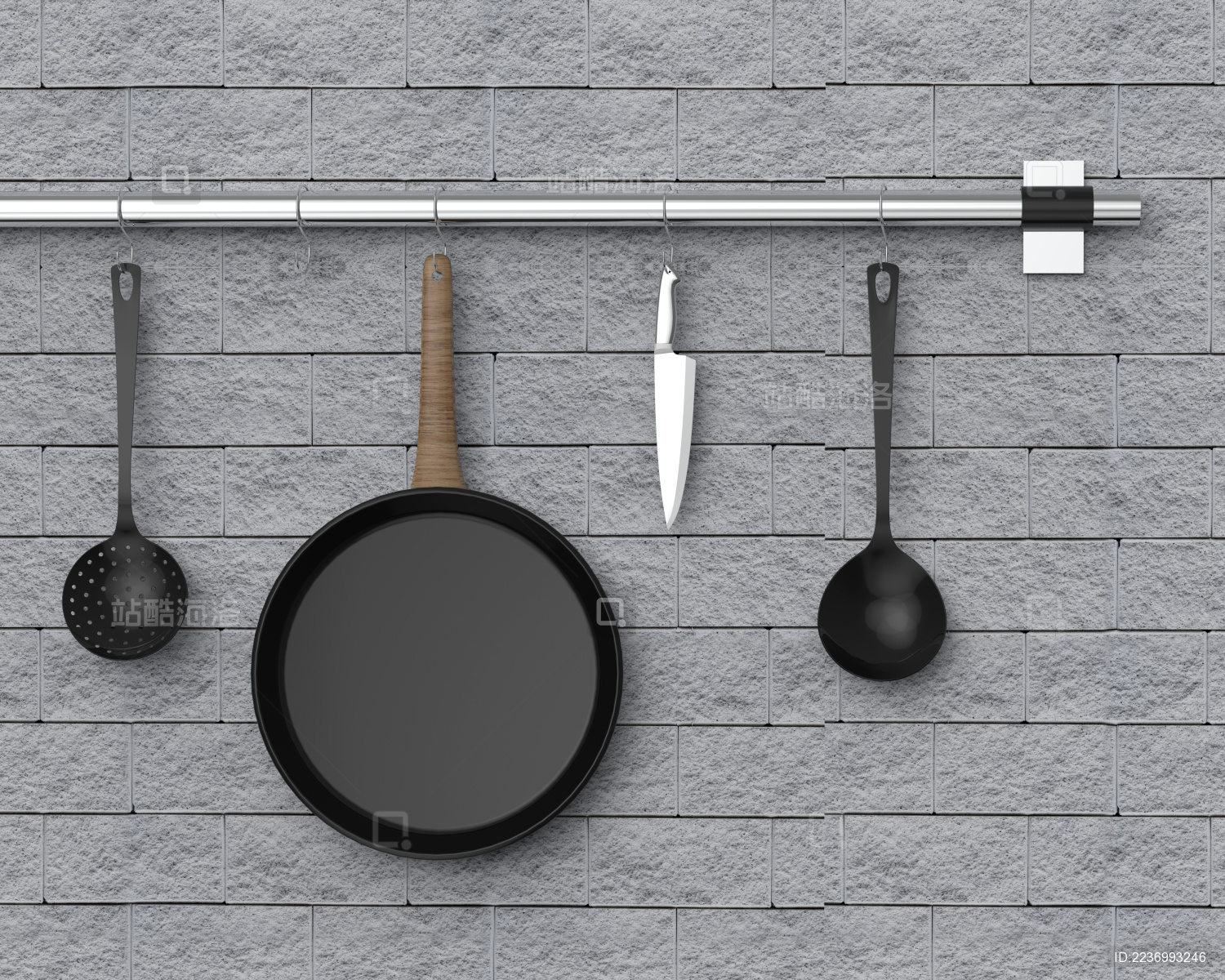 墙壁上的不锈钢挂钩和厨房用品