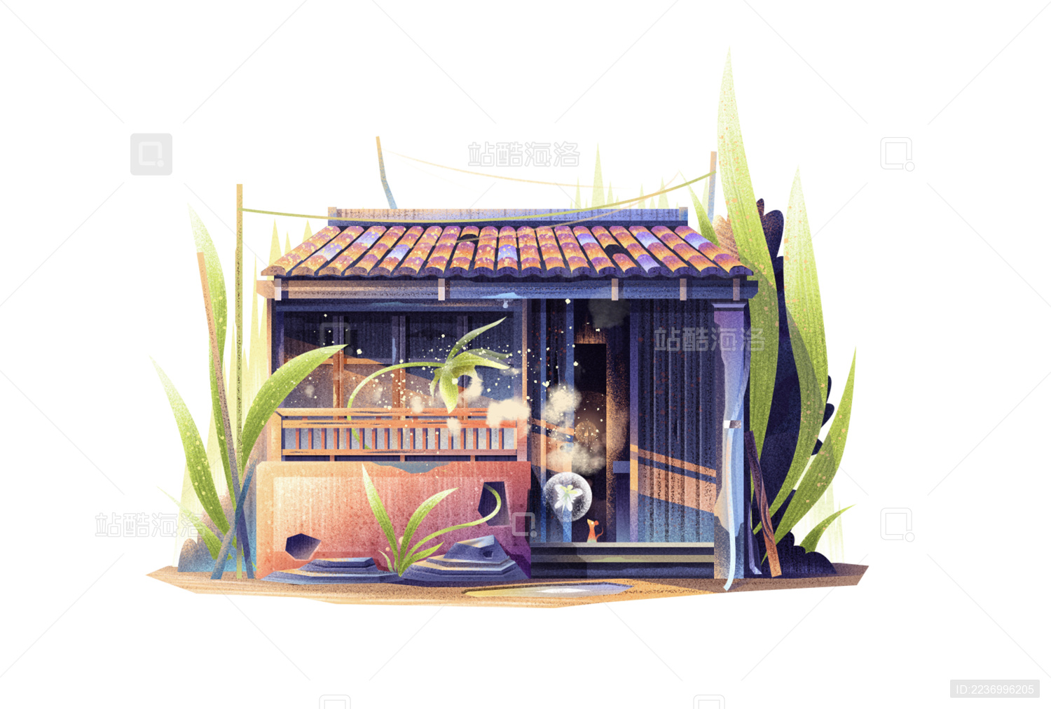 植物包裹下的老房子插画