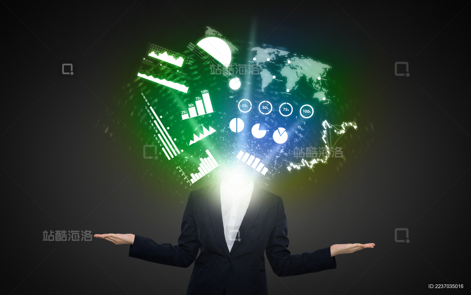 商务人士进行数据流数据图表报表分析的智能科技应用未来全息投影概念