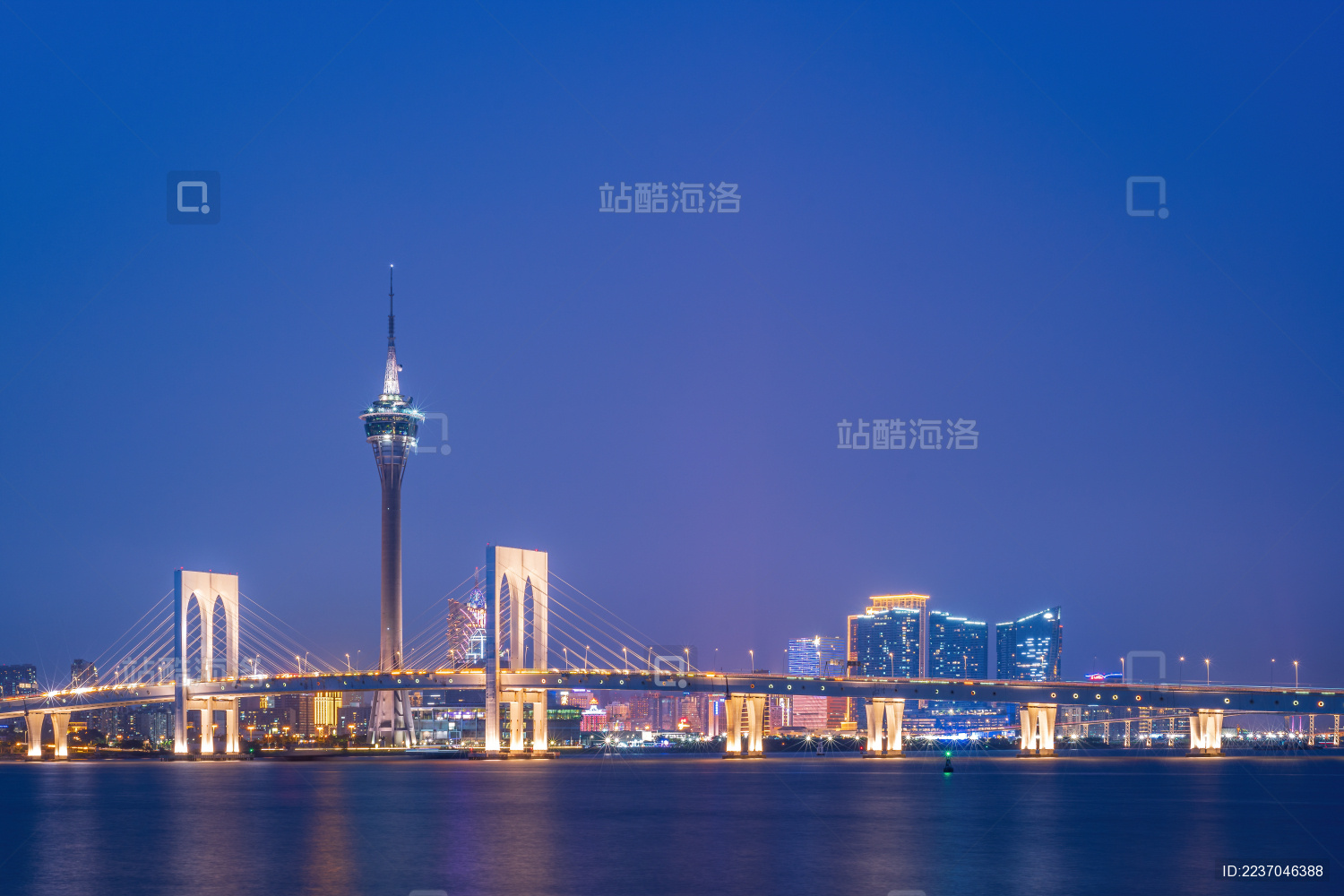 中国澳门旅游塔和西湾大桥夜景风光