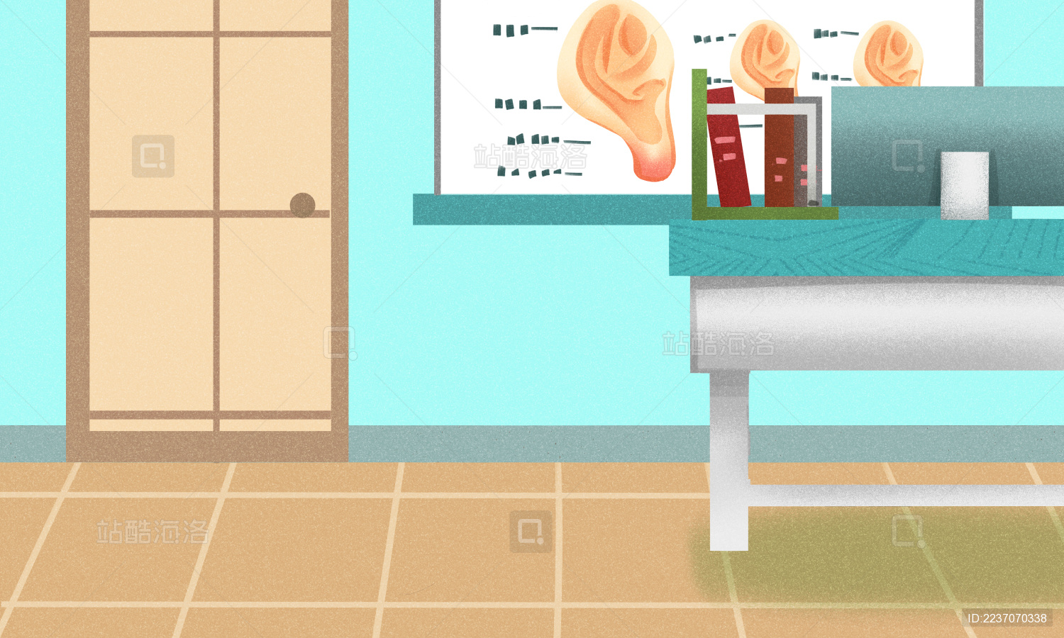 医院耳鼻喉门诊室办公桌电脑桌 扁平风格国际聋人节插画背景