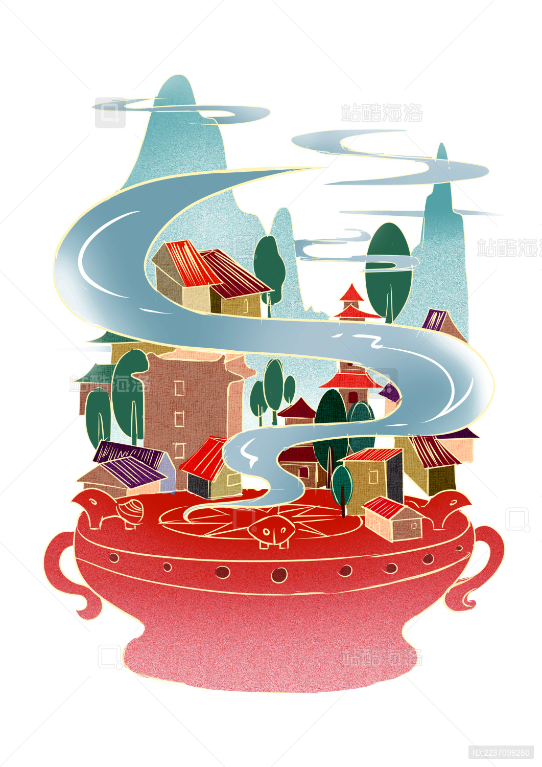 广西铜鼓壮乡文化手绘插画