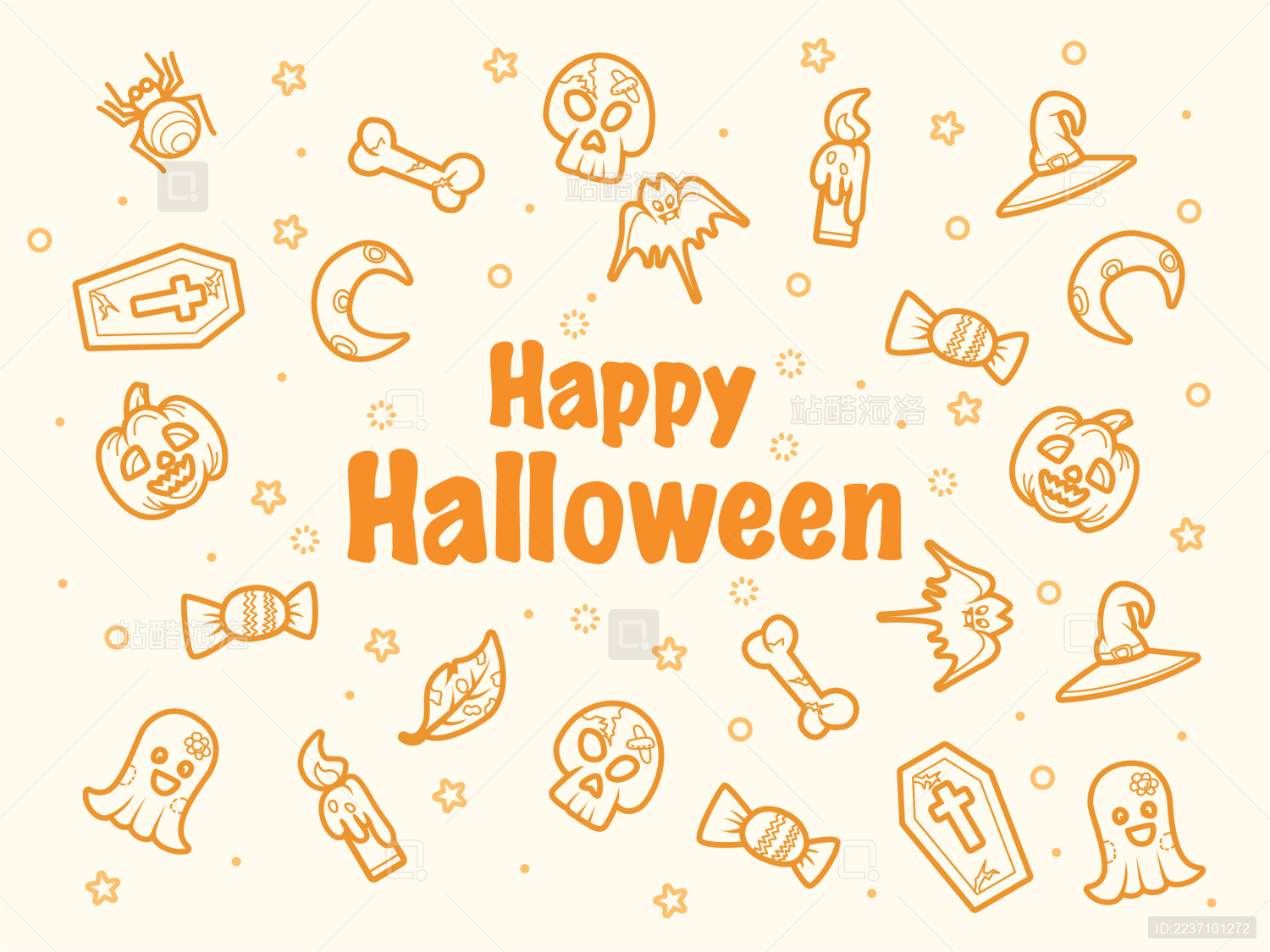 万圣节元素骷髅蜡烛帽子蝙蝠月亮墓碑蜘蛛糖果叶子幽灵矢量背景插画