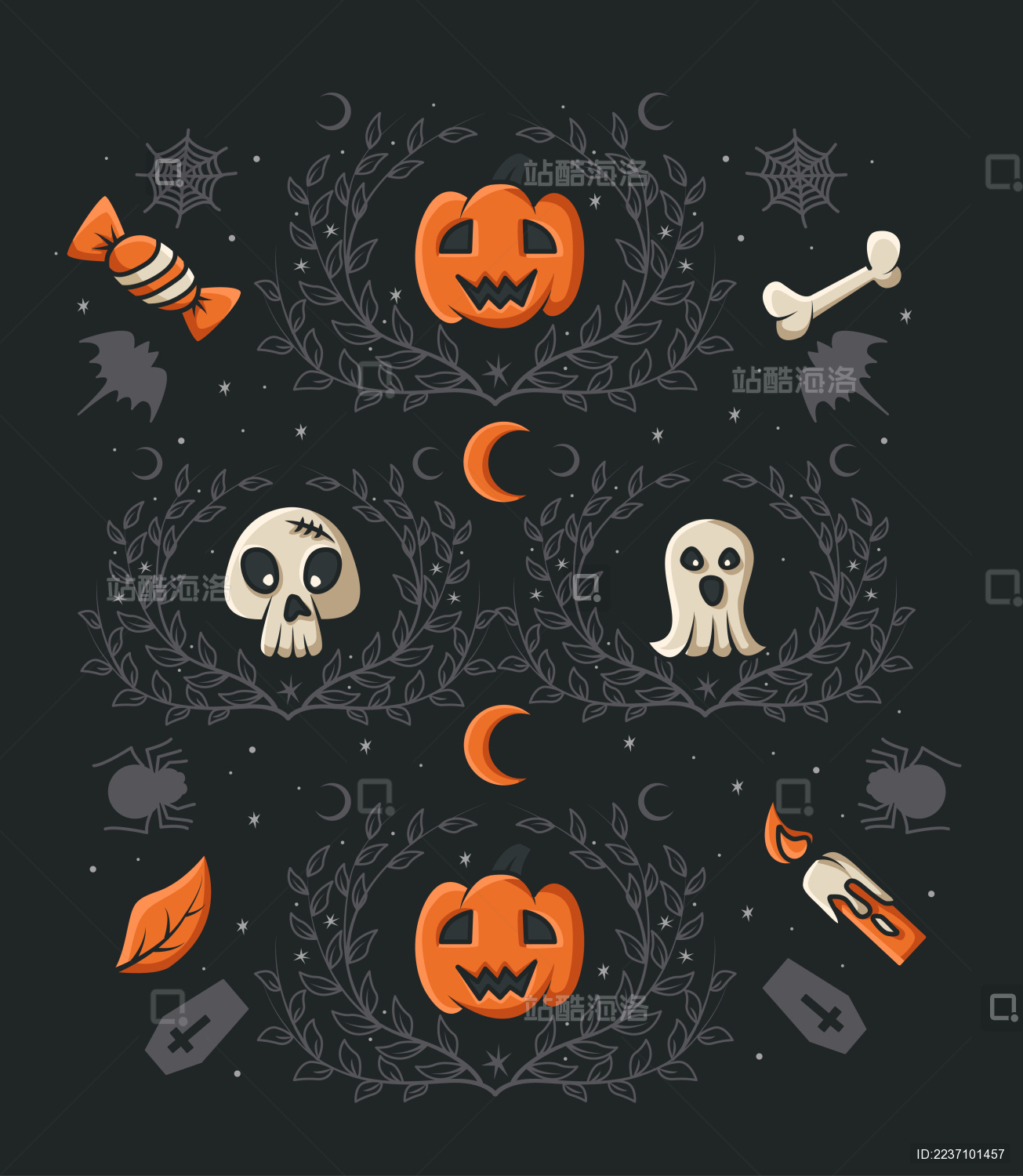 万圣节黑底南瓜骷髅幽灵糖果骨头叶子蜡烛背景矢量插画