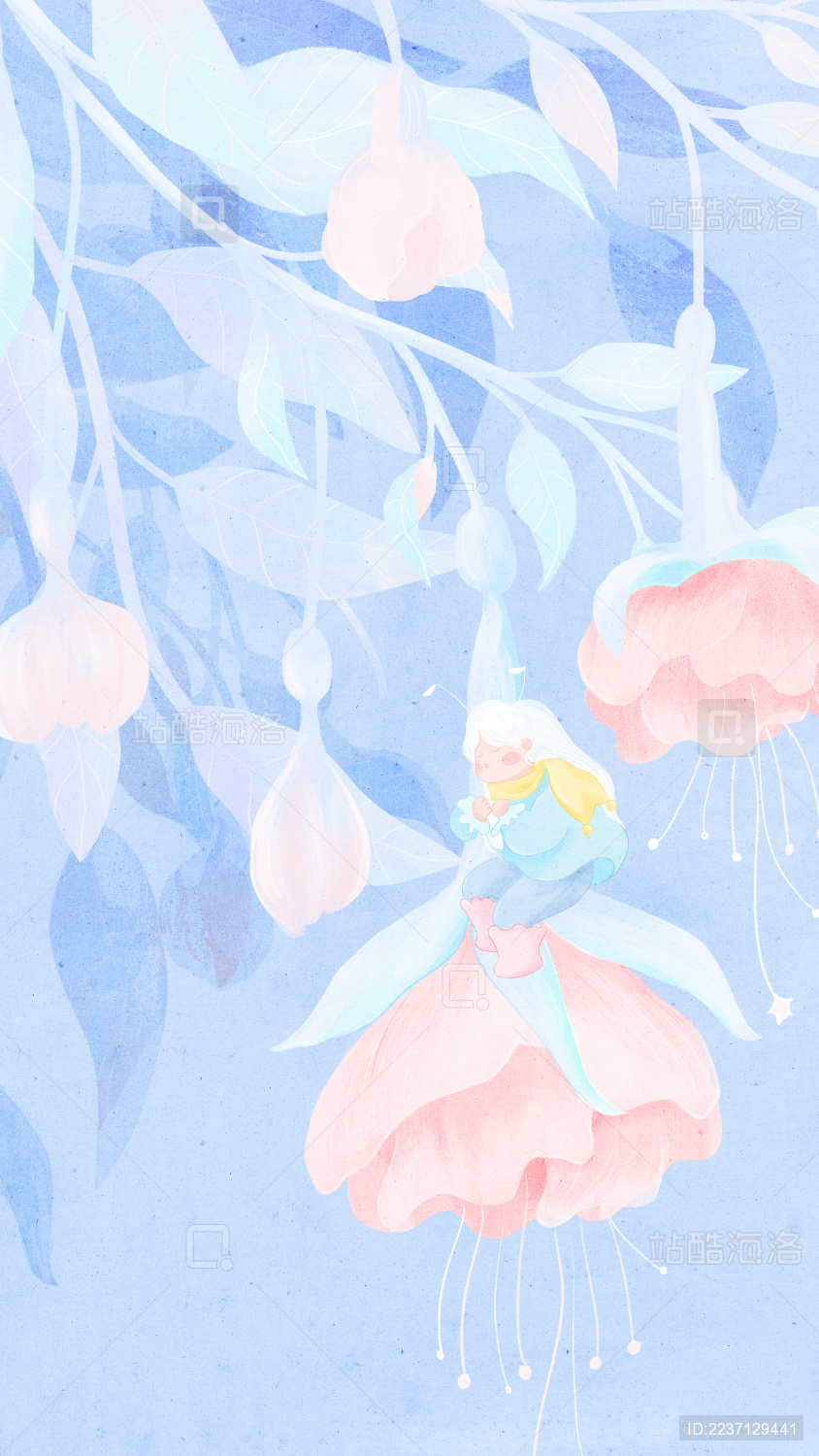 冬季在花朵上安眠的花精灵手绘插画竖版