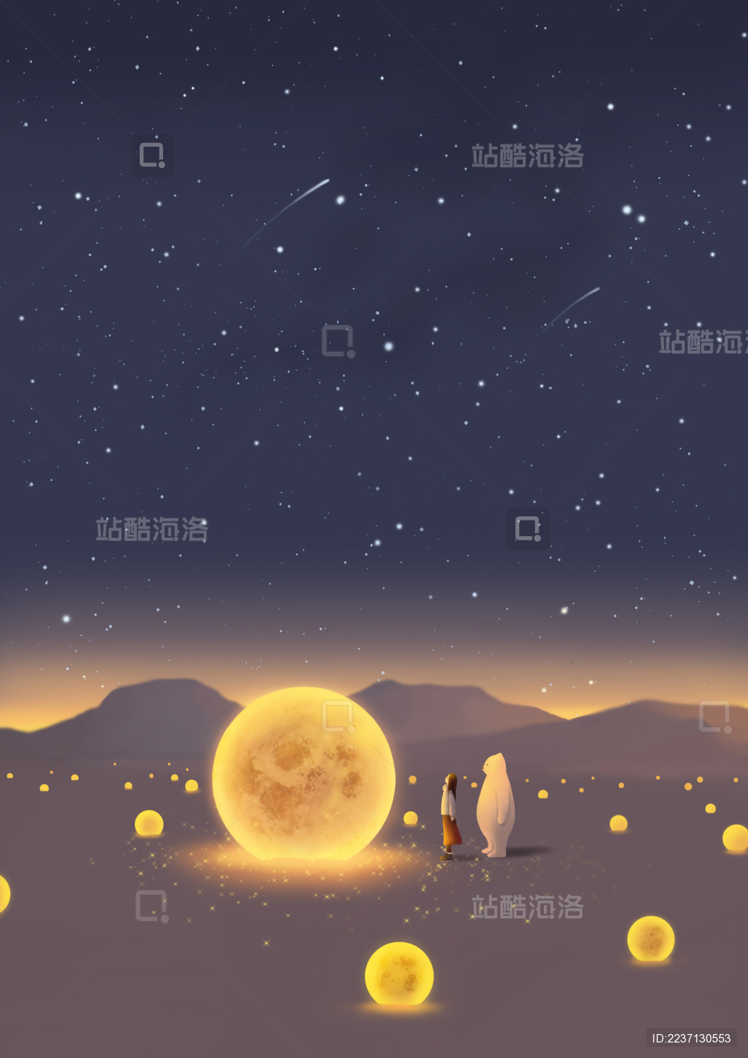 梦幻唯美夜空下的少女与熊