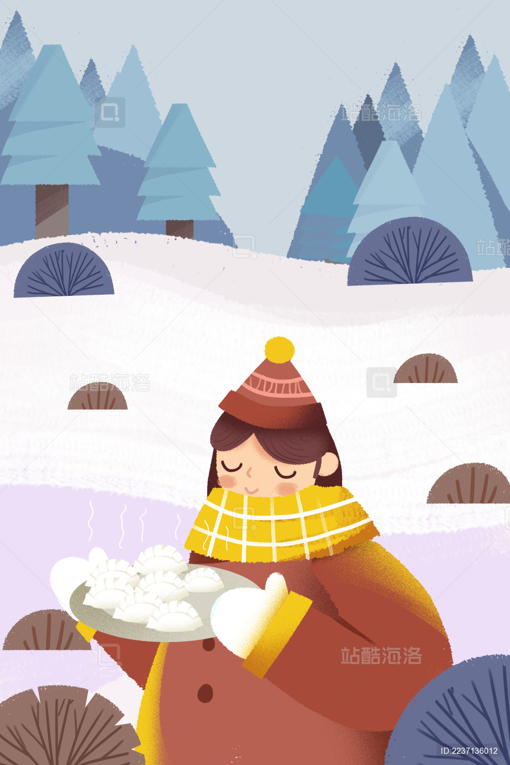 卡通手绘二十四节气立冬吃饺子女孩插画