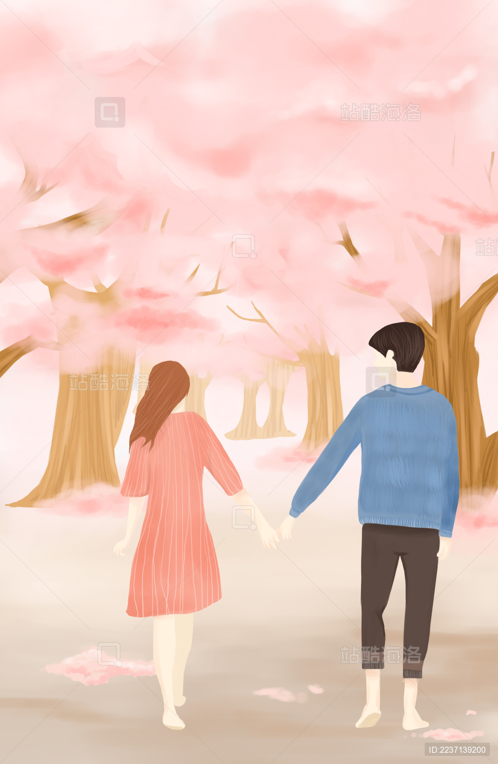 春天一对情侣手牵手在樱花树下漫步手绘插画竖版