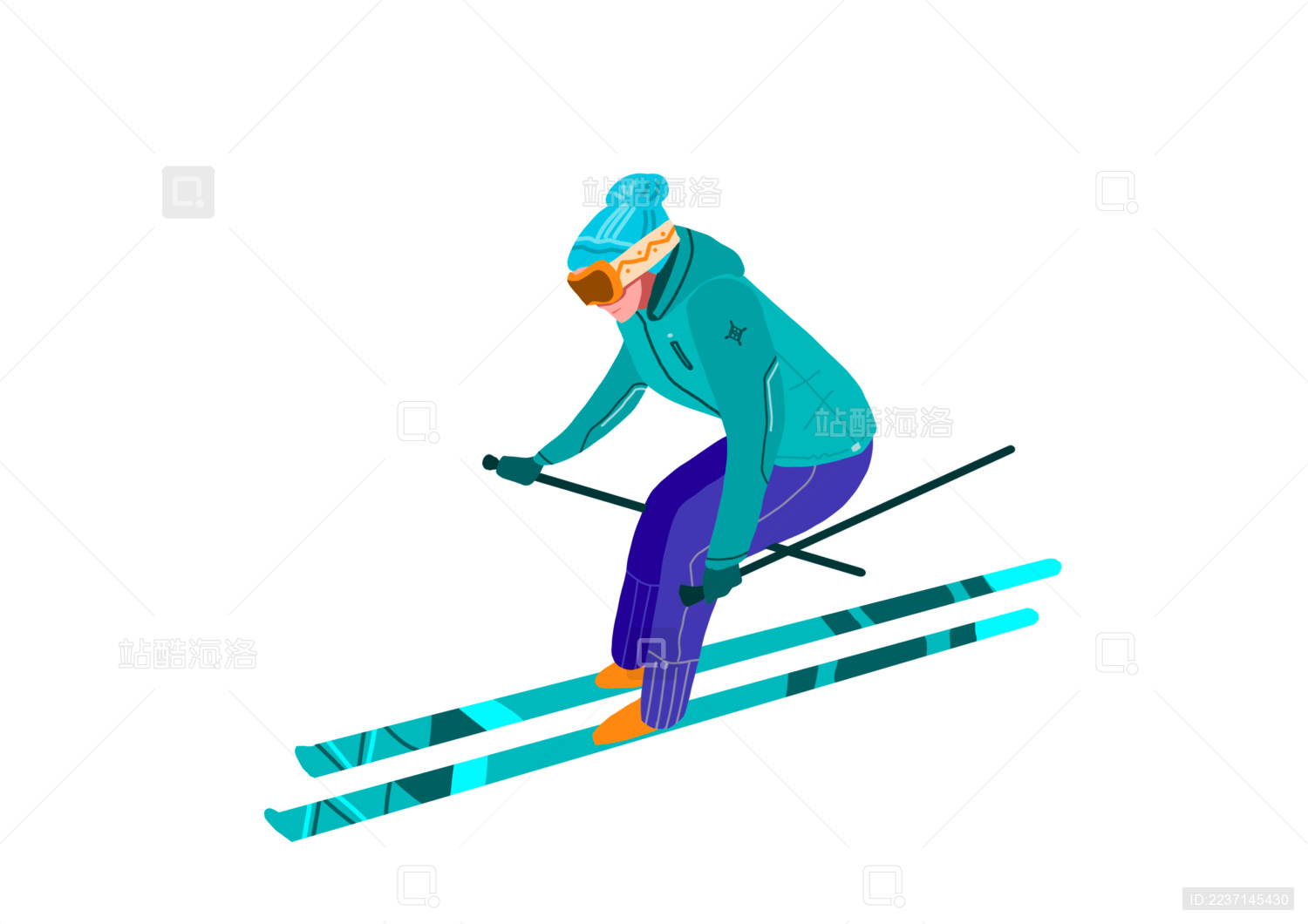 一个女性双板滑雪者 穿着鲜艳的滑雪服在雪地快速滑行 滑雪主题手绘