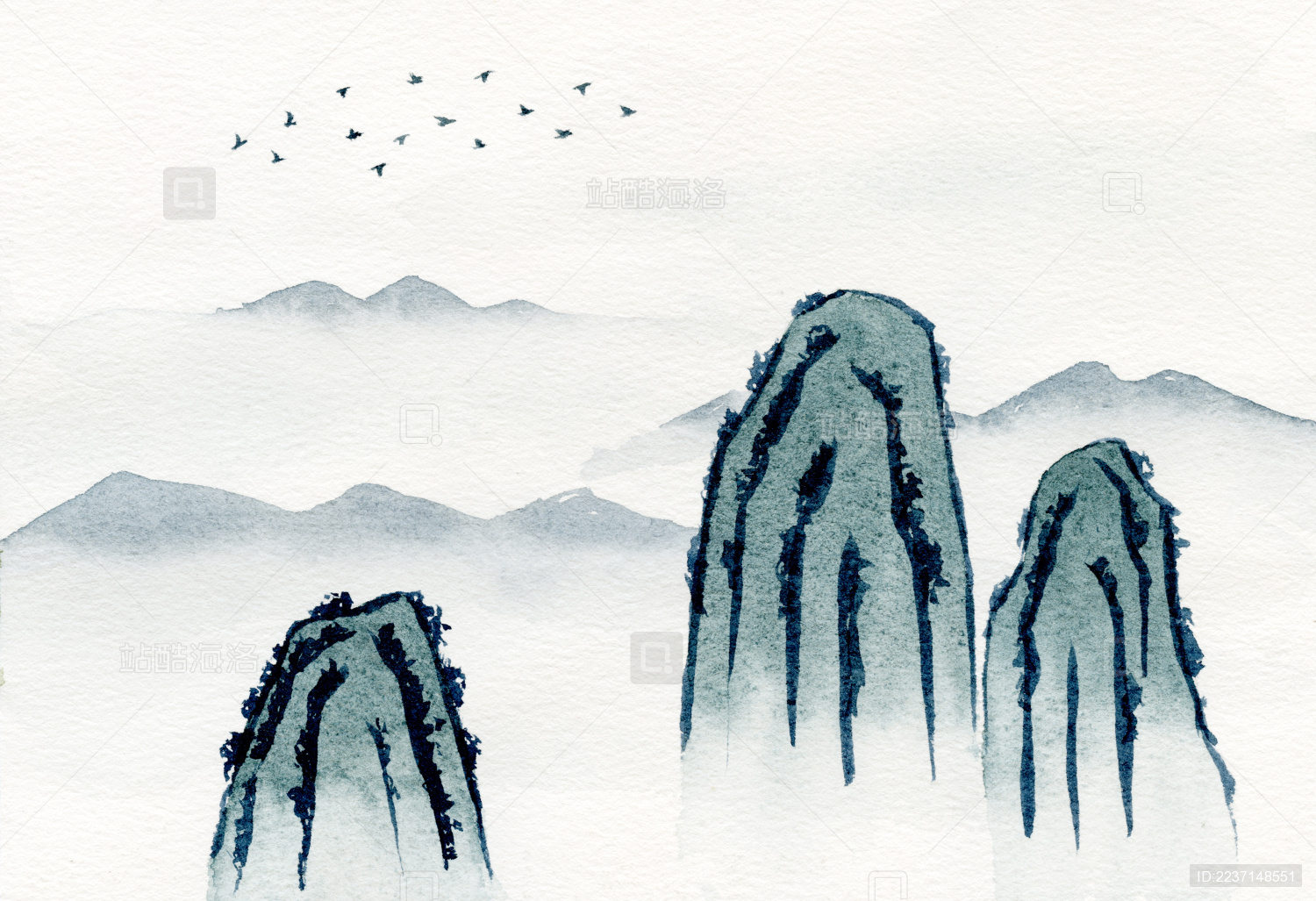 远山山峰手绘中国风水彩插画