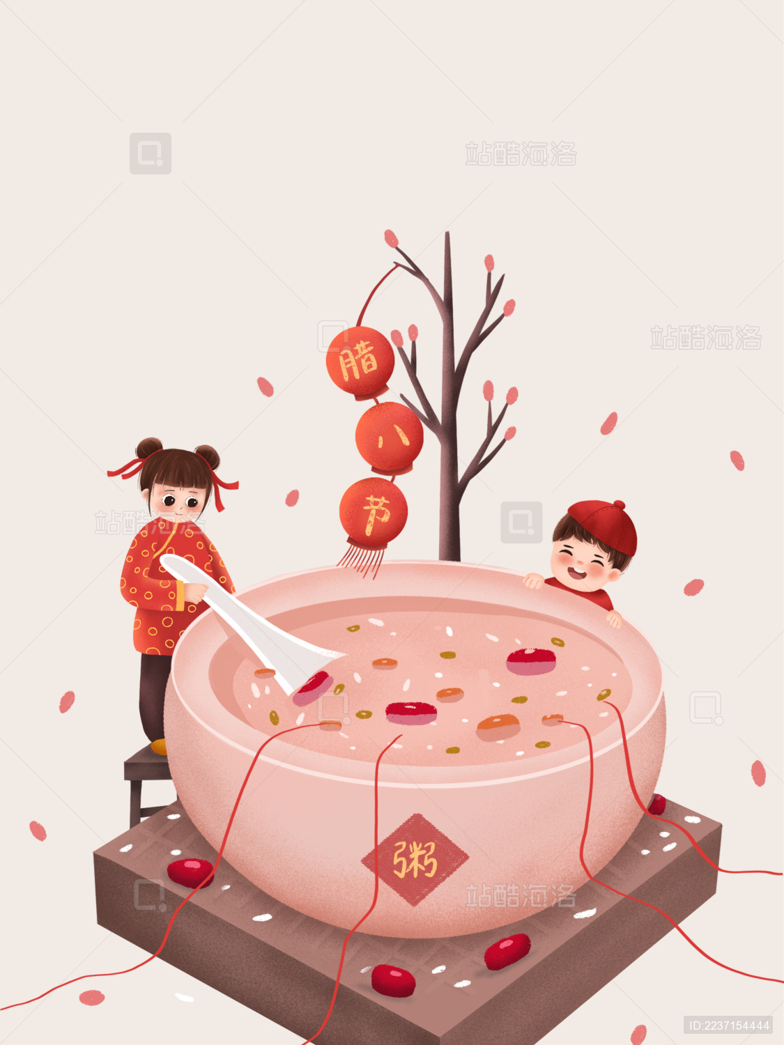 卡通红色衣服男孩女孩手中拿着白色汤匙在灯笼旁搅拌腊八粥