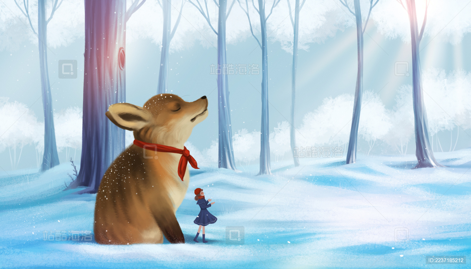 女孩和戴着红围巾的狐狸在下雪的森林里玩耍治愈系插画 数码绘画