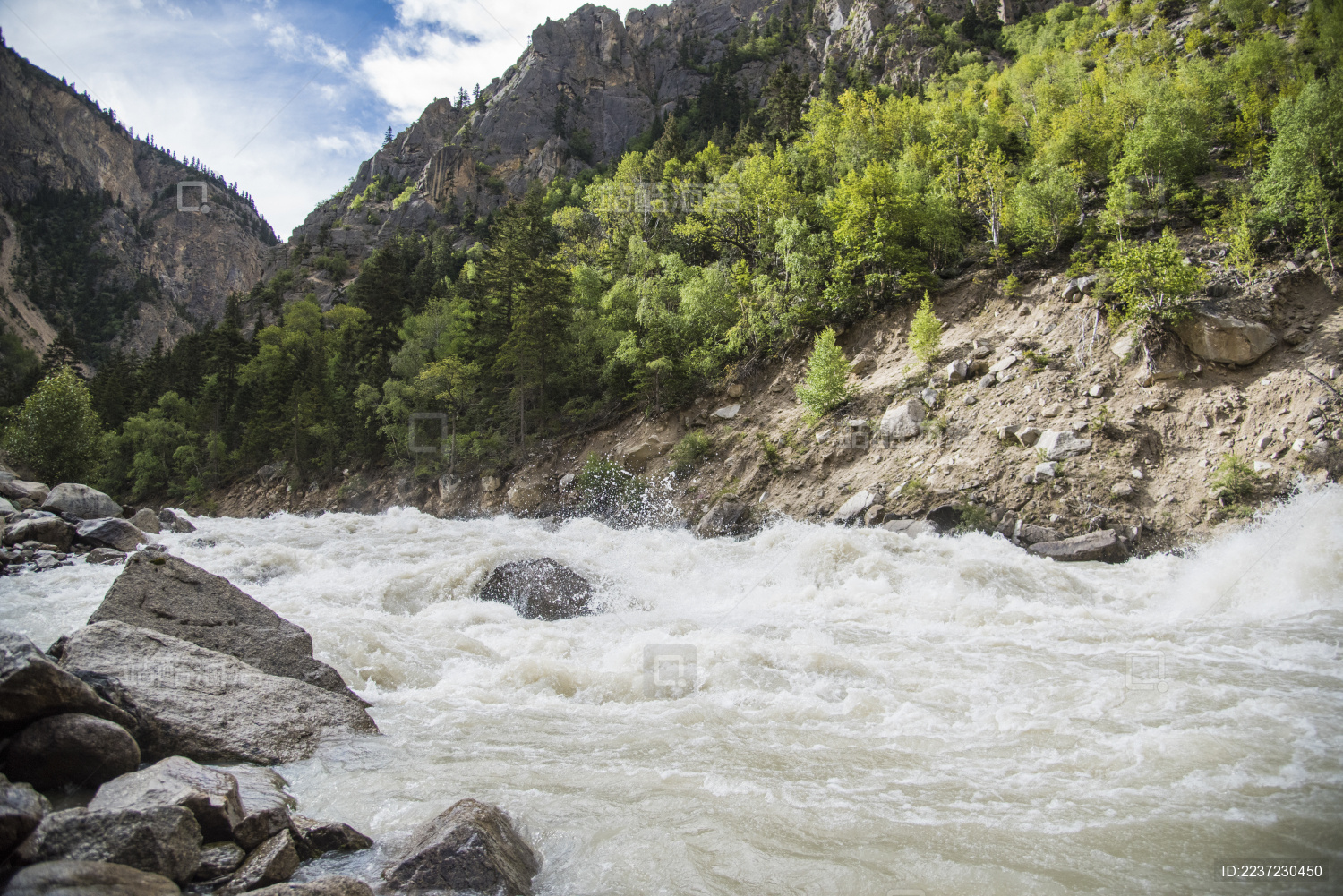 在峡谷间川流的雅鲁藏布江奔腾的河水
