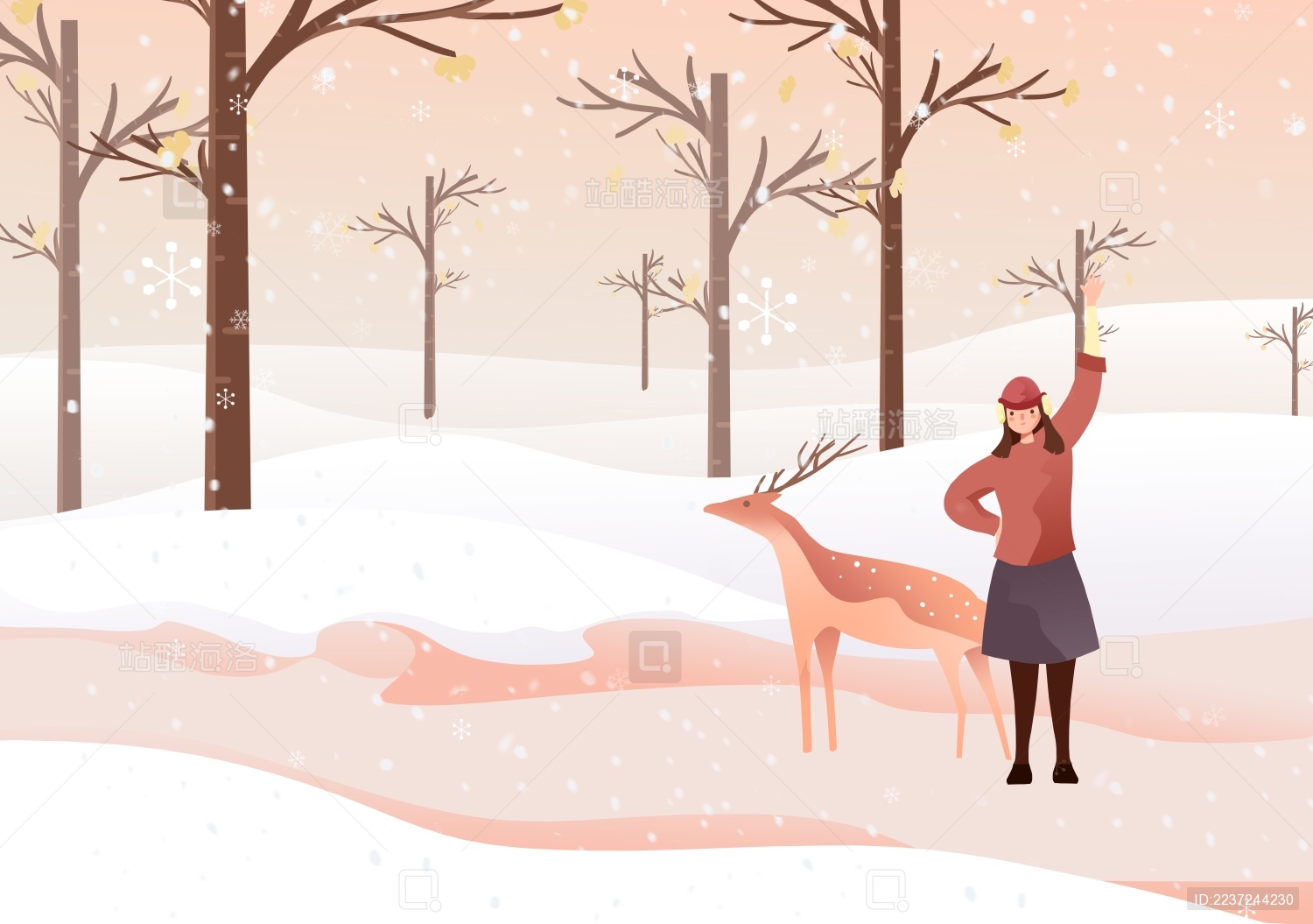 卡通手绘唯美冬天少女与鹿插画