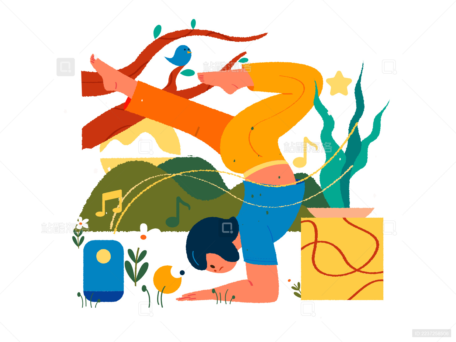 练瑜伽的女孩 扁平矢量人物场景创意概念插画