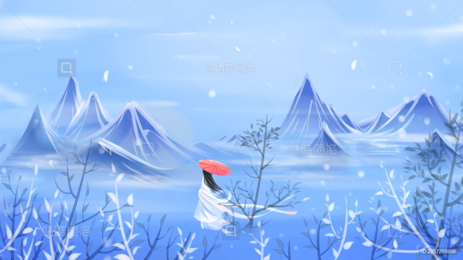 蓝色的冰天雪地中少女举着一把红伞 唯美卡通冬季美景 浪漫古风插画