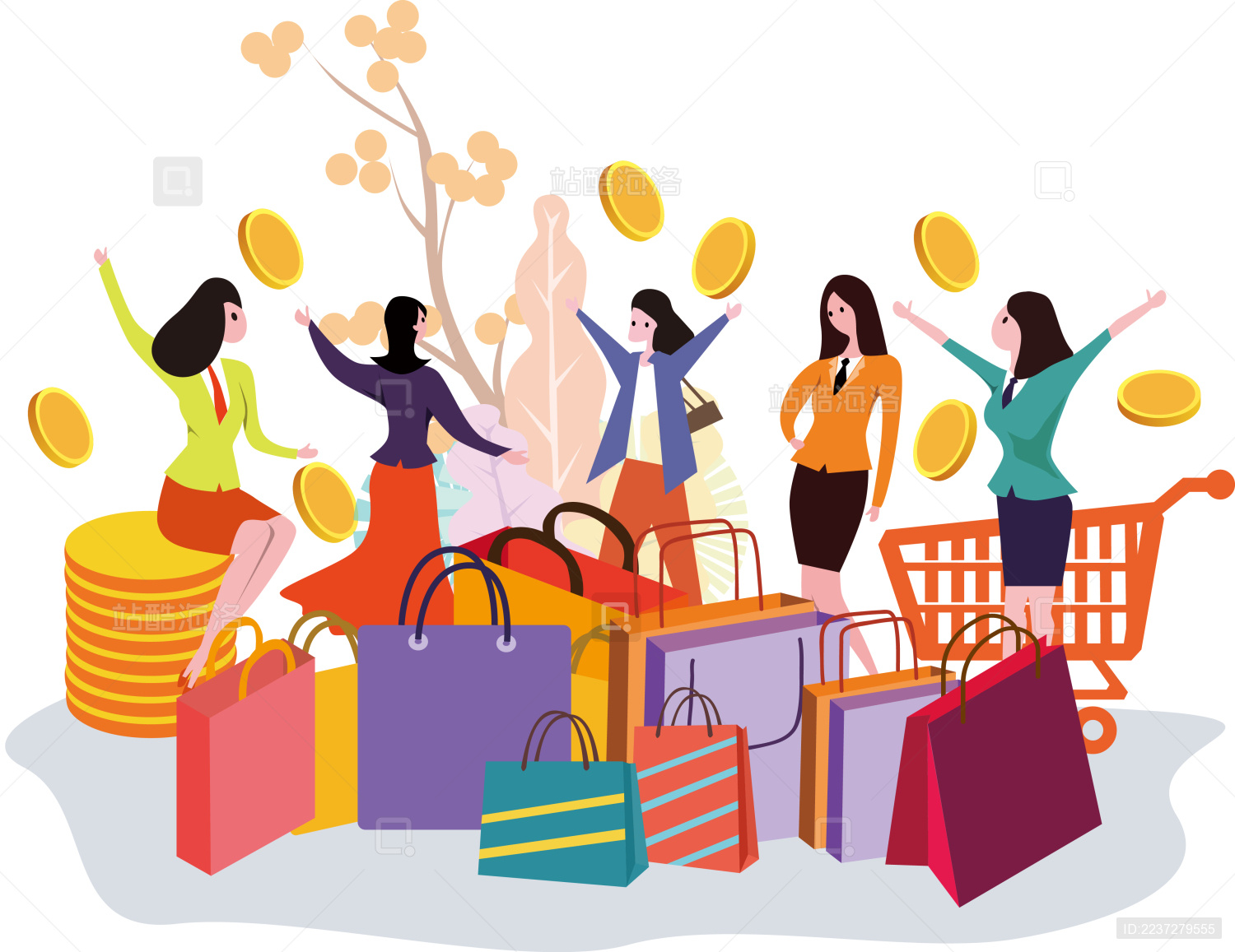 矢量女性购物插画 白色的背景女孩在讨论买东西