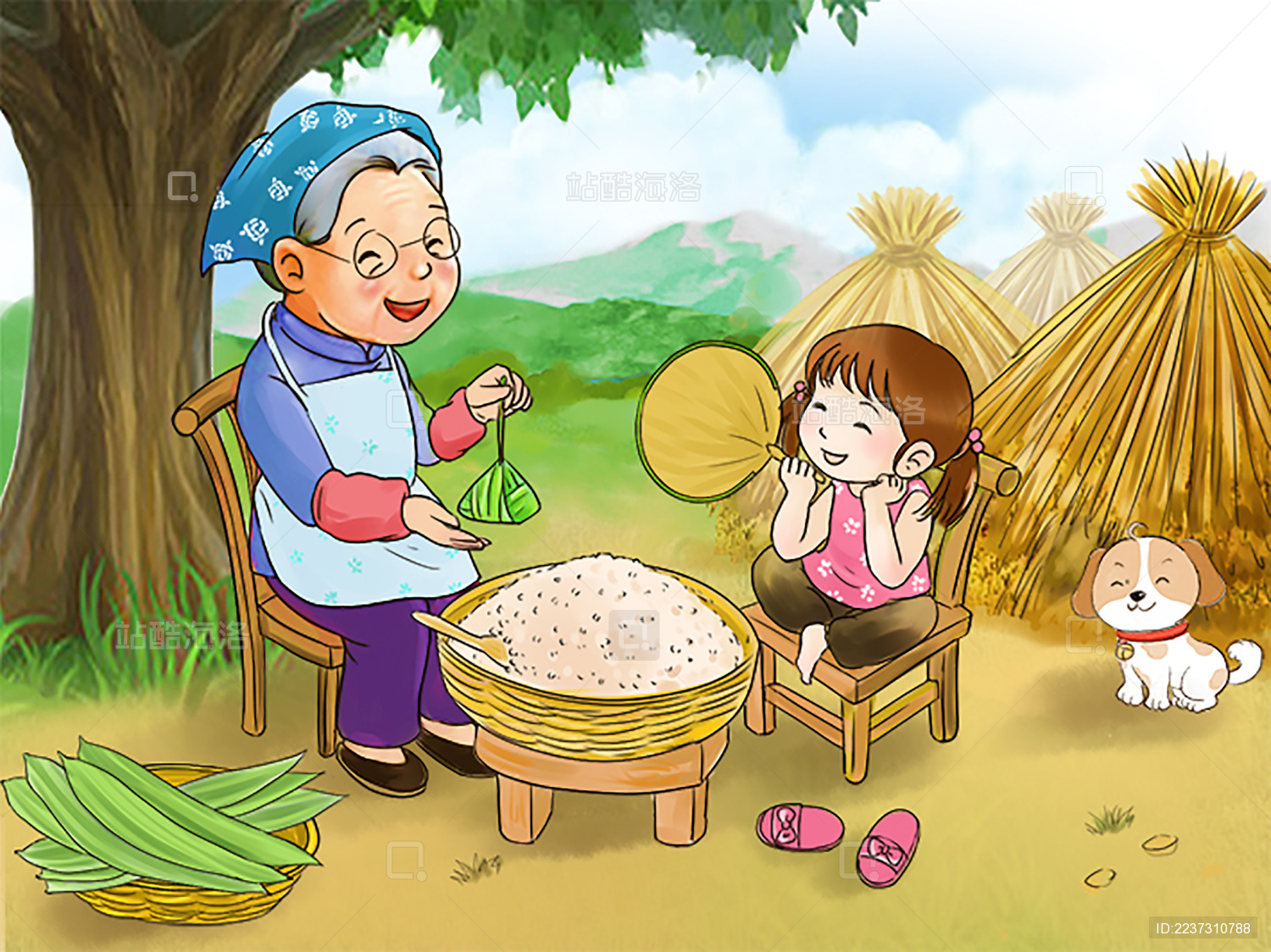 端午节奶奶和孙女一起包粽子