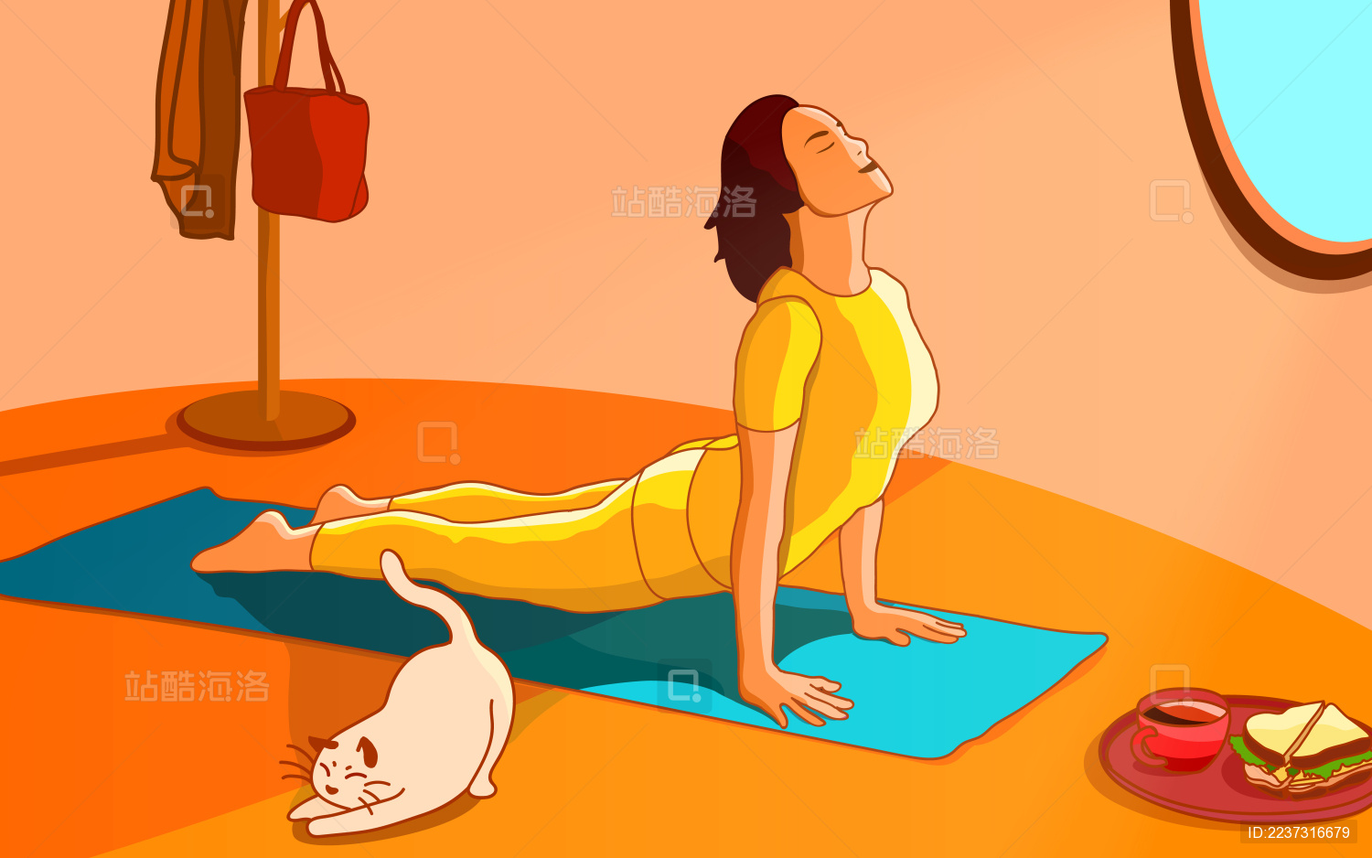 一个女人在清晨的时候练瑜伽