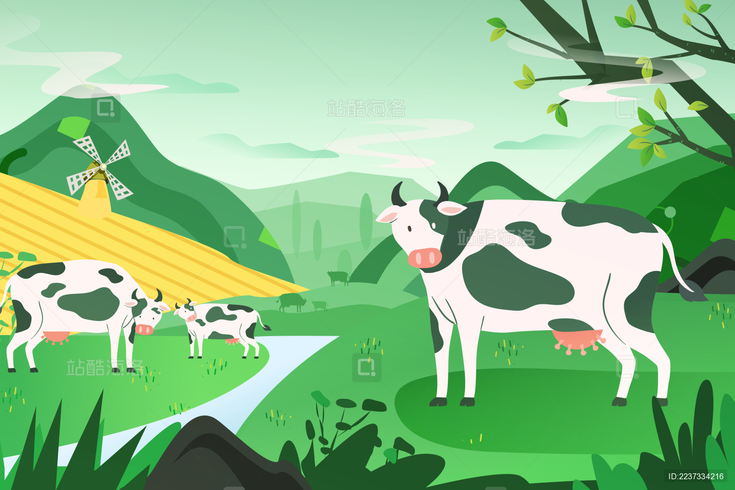 卡通奶牛在草地上饲养动物插画图片素材_ID:427305209-Veer图库