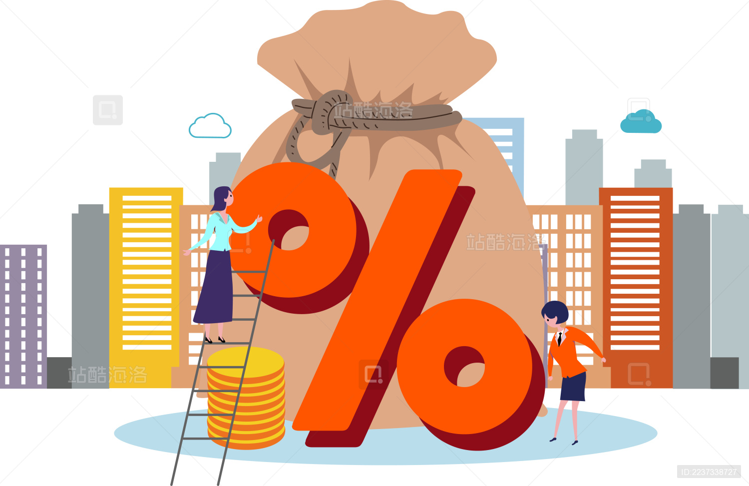 女孩在计算百分比在城市背景前安排房贷利率浮动