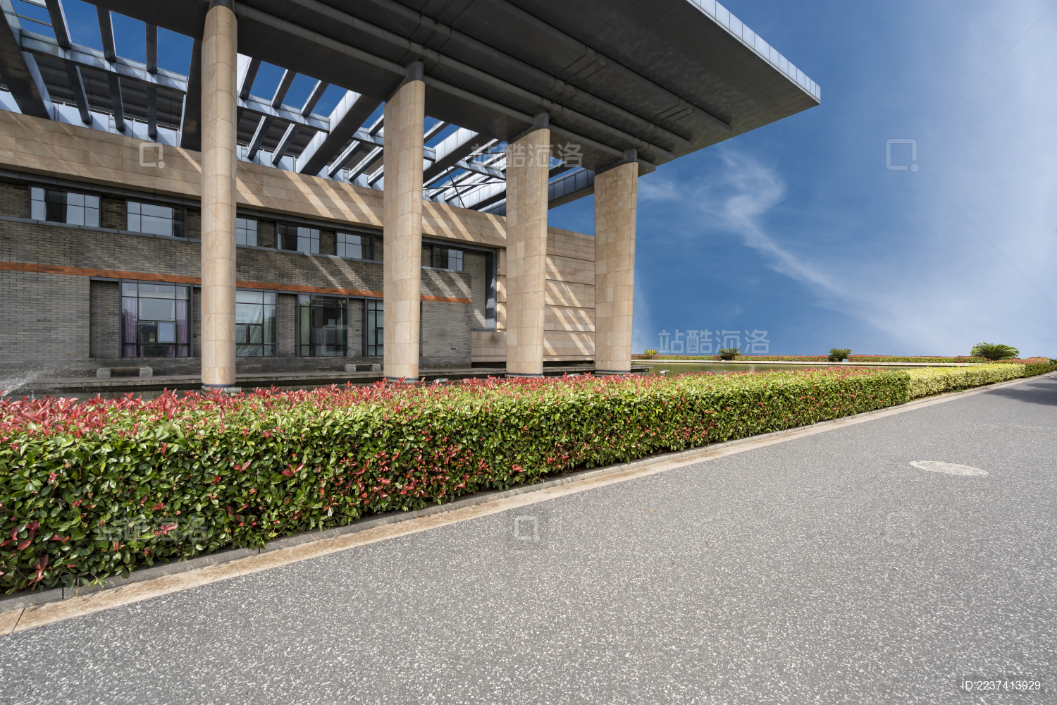 一座带立柱的现代城市建筑及绿化带和柏油路面