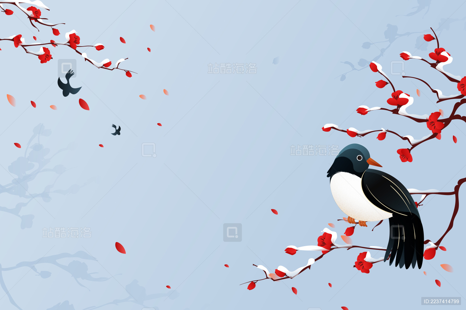 卡通鸟栖息在树枝上冬季背景矢量插画