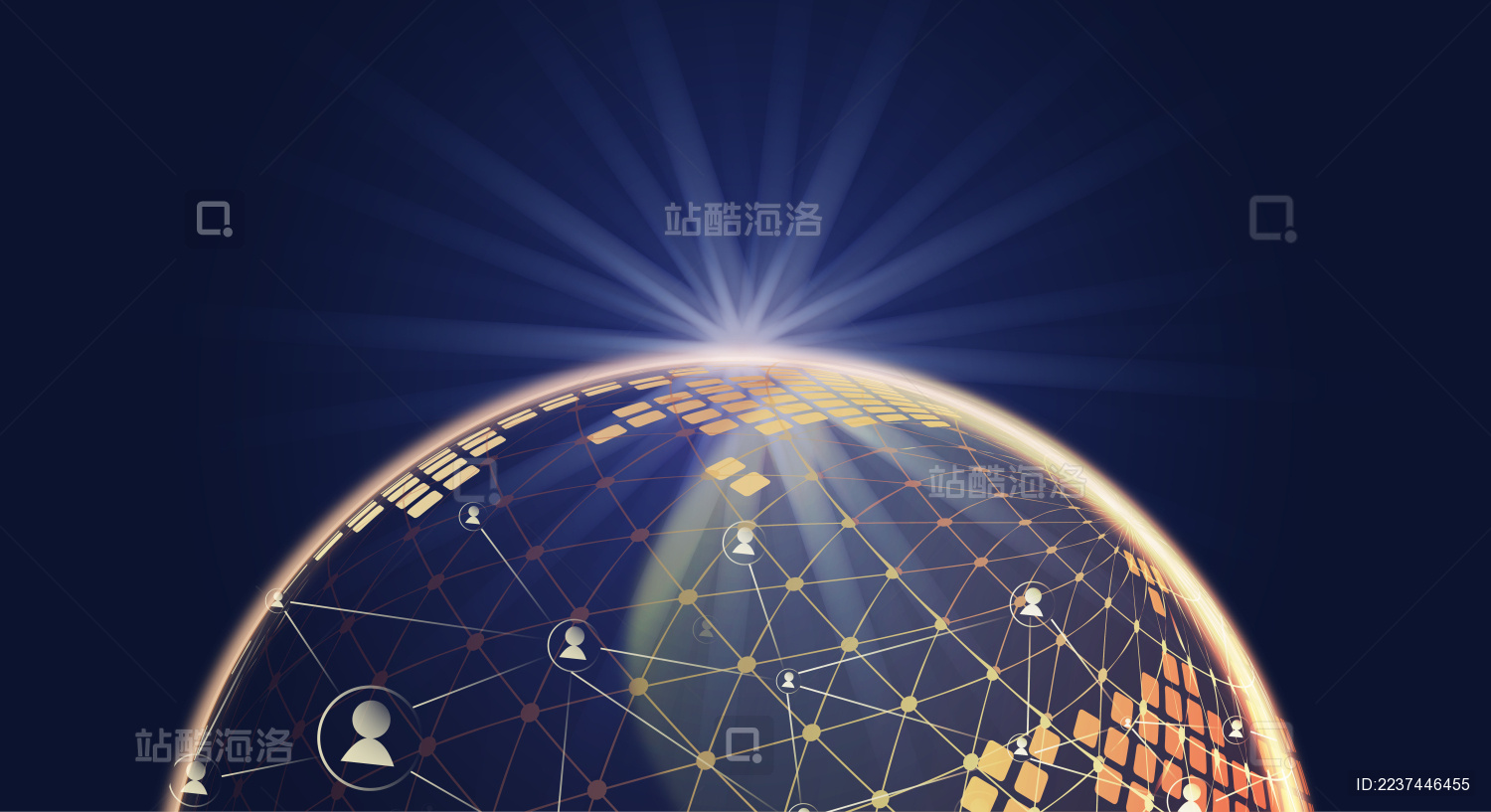 一个被5G信号技术、未来科技网络覆盖的地球悬浮在空中插画背景