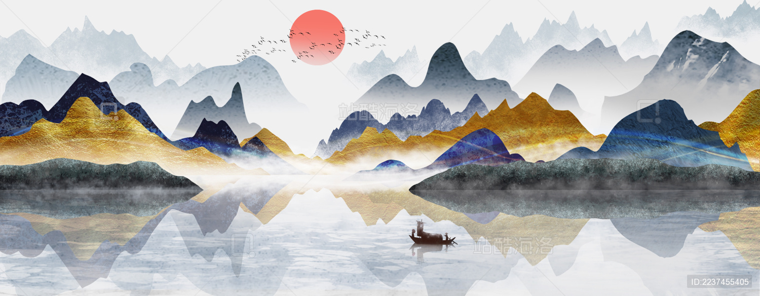 新中式风格下的山水画 落日下的青山绿水