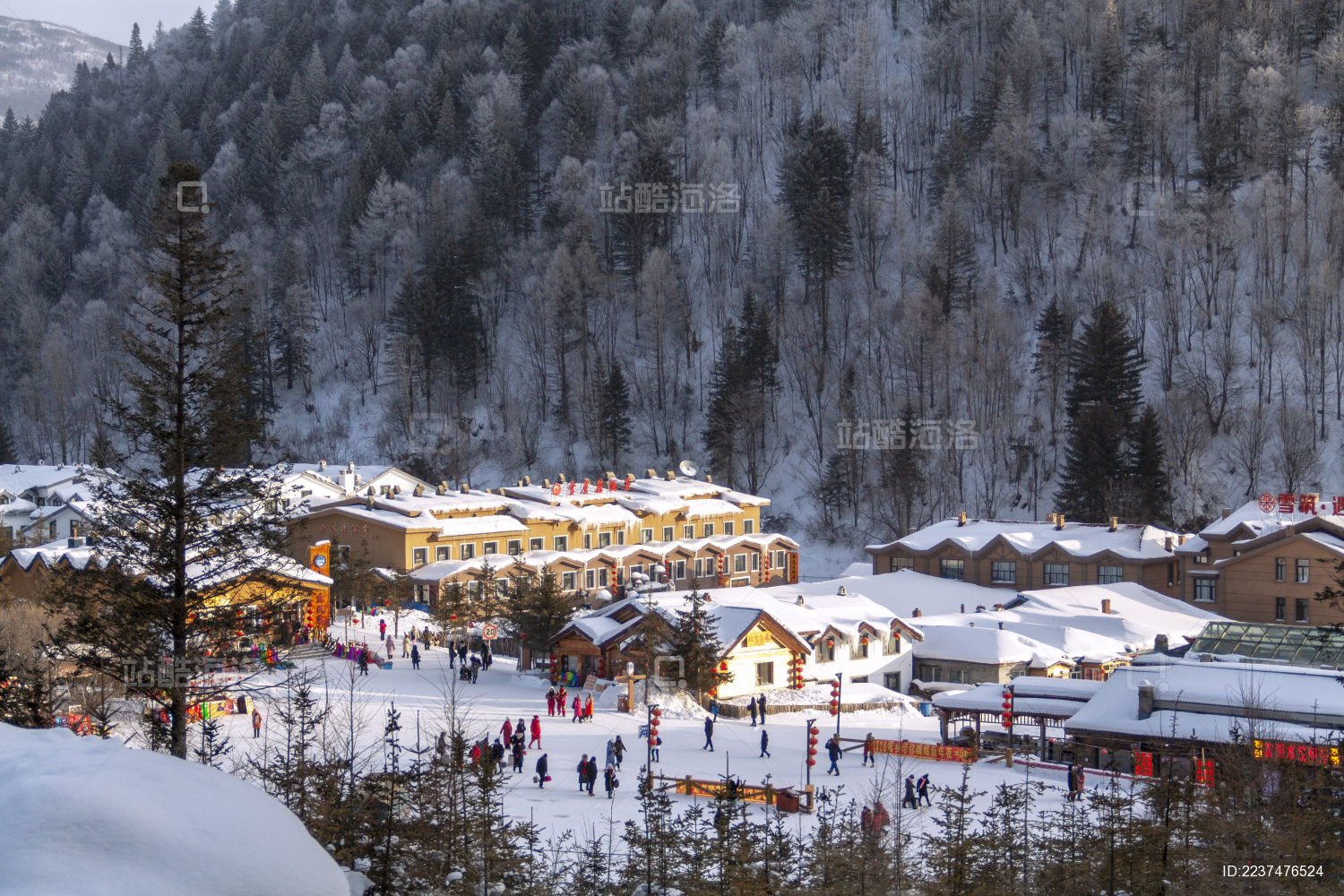 中国黑龙江省海林市雪乡村庄及满山雾凇