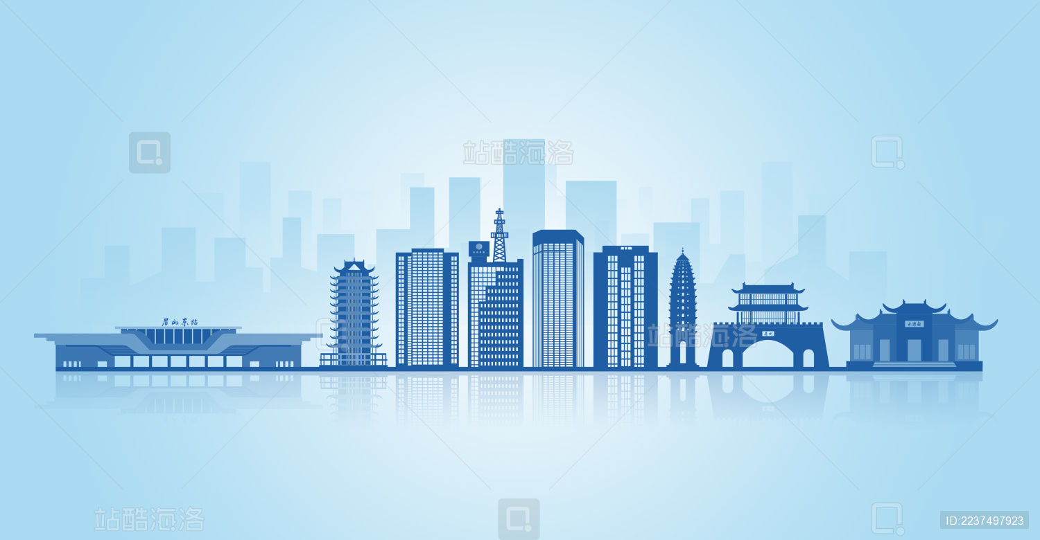 中国四川省眉山市地标建筑剪影背景素材