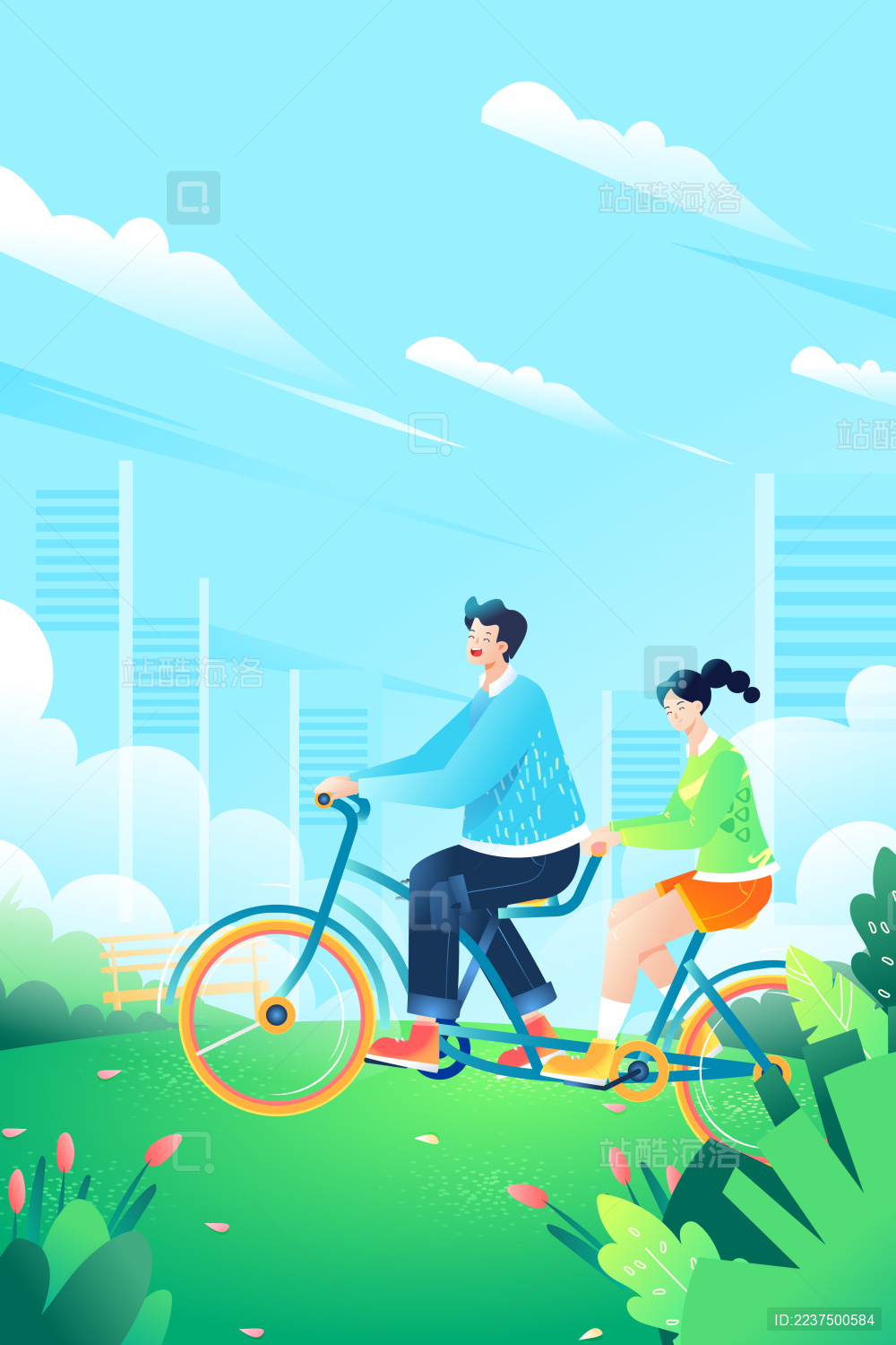 卡通立春出行踏青情侣骑自行车背景矢量插画