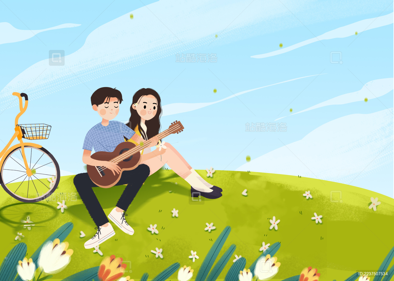 在草坪上弹吉他约会的青年男女