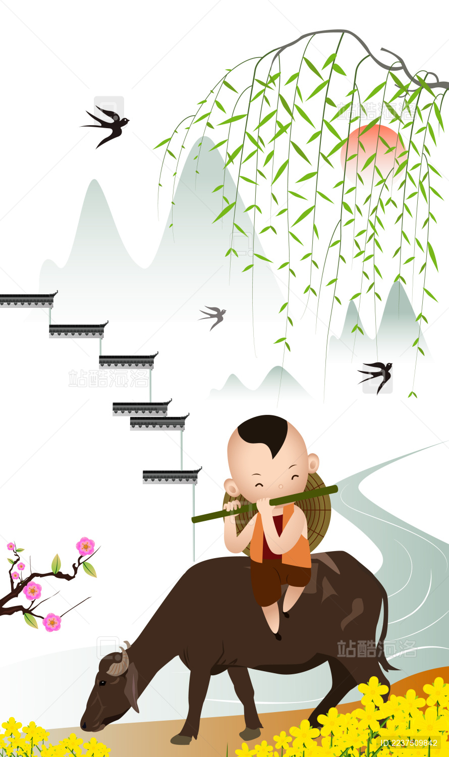一个牧童坐在牛上吹笛子的插画