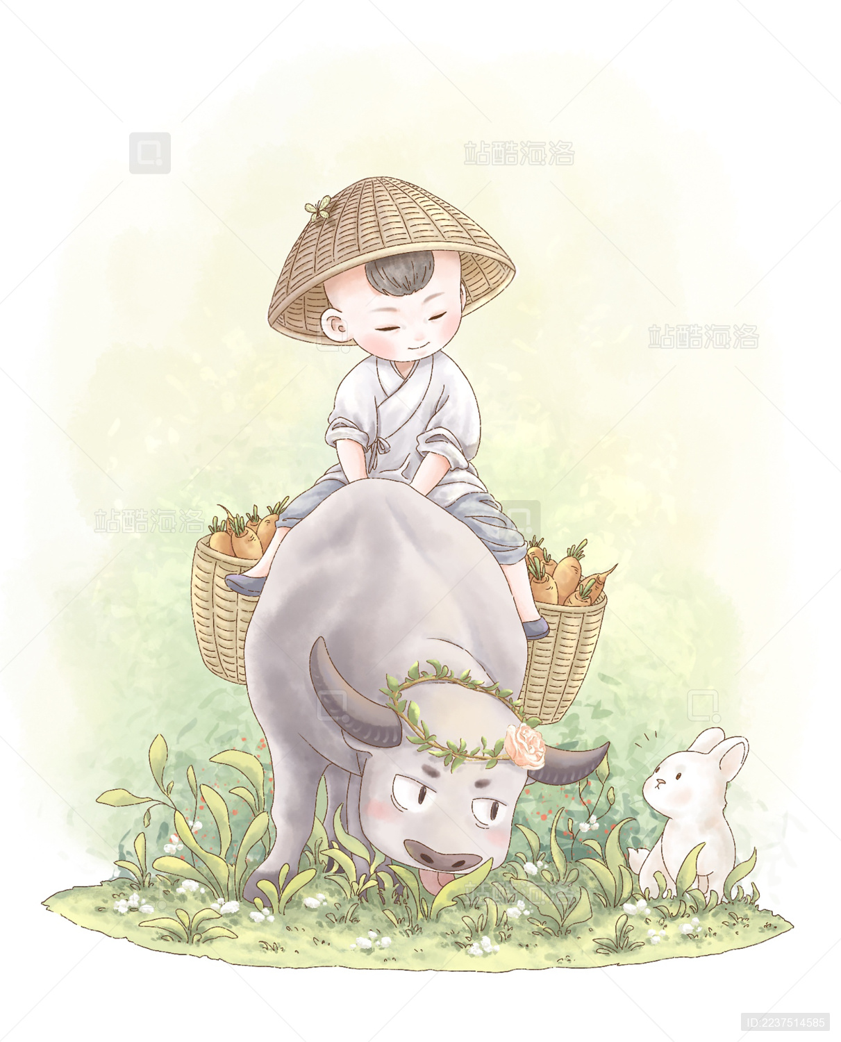 骑牛小孩与兔子