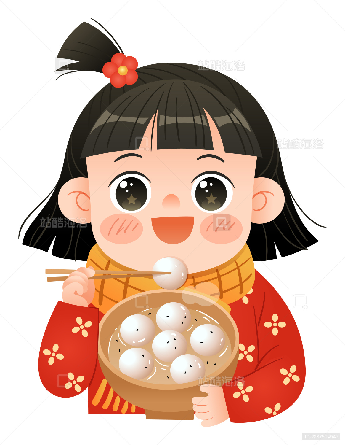 元宵节可爱卡通小女孩吃汤圆