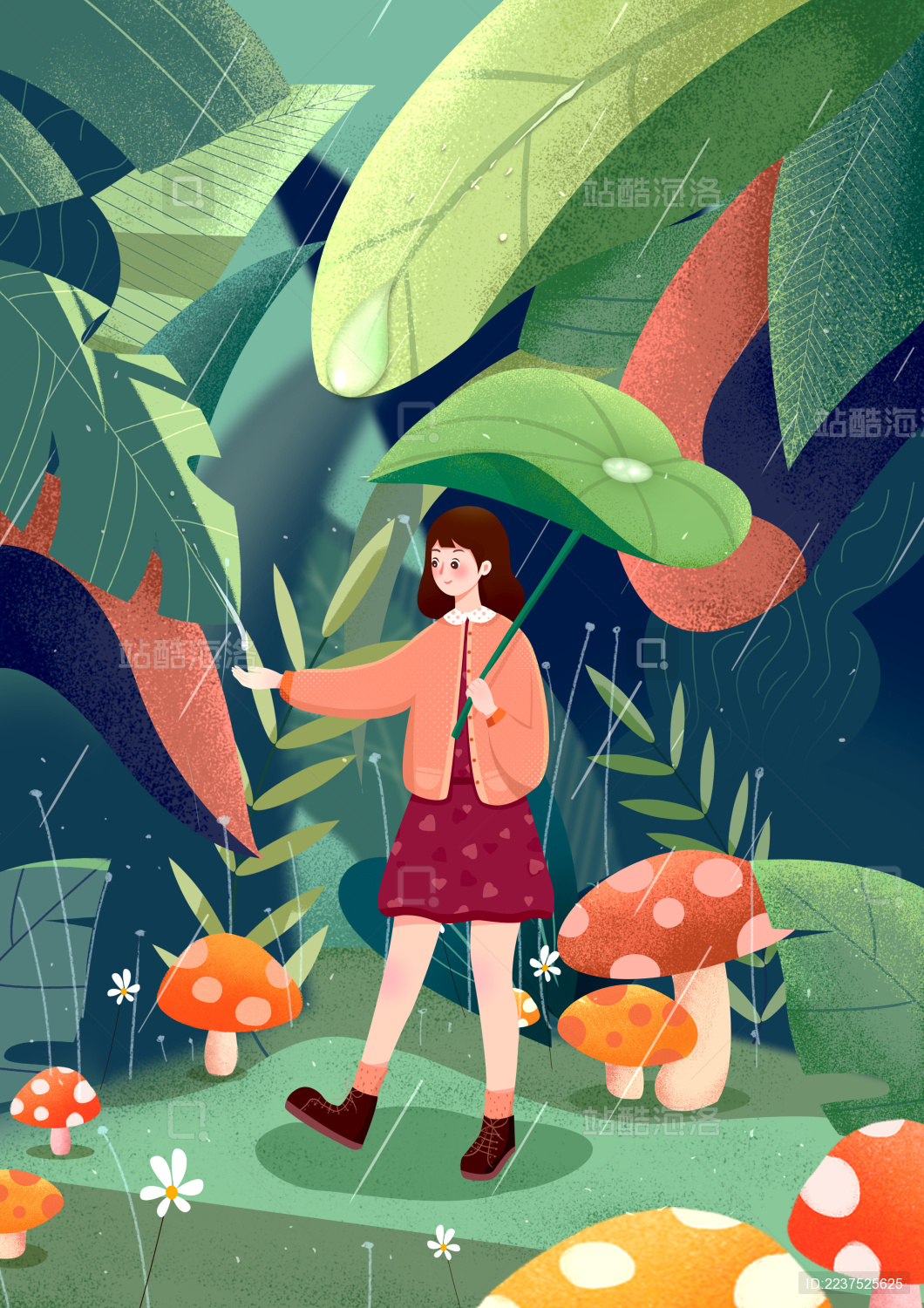 春雨中女孩在森林里游玩