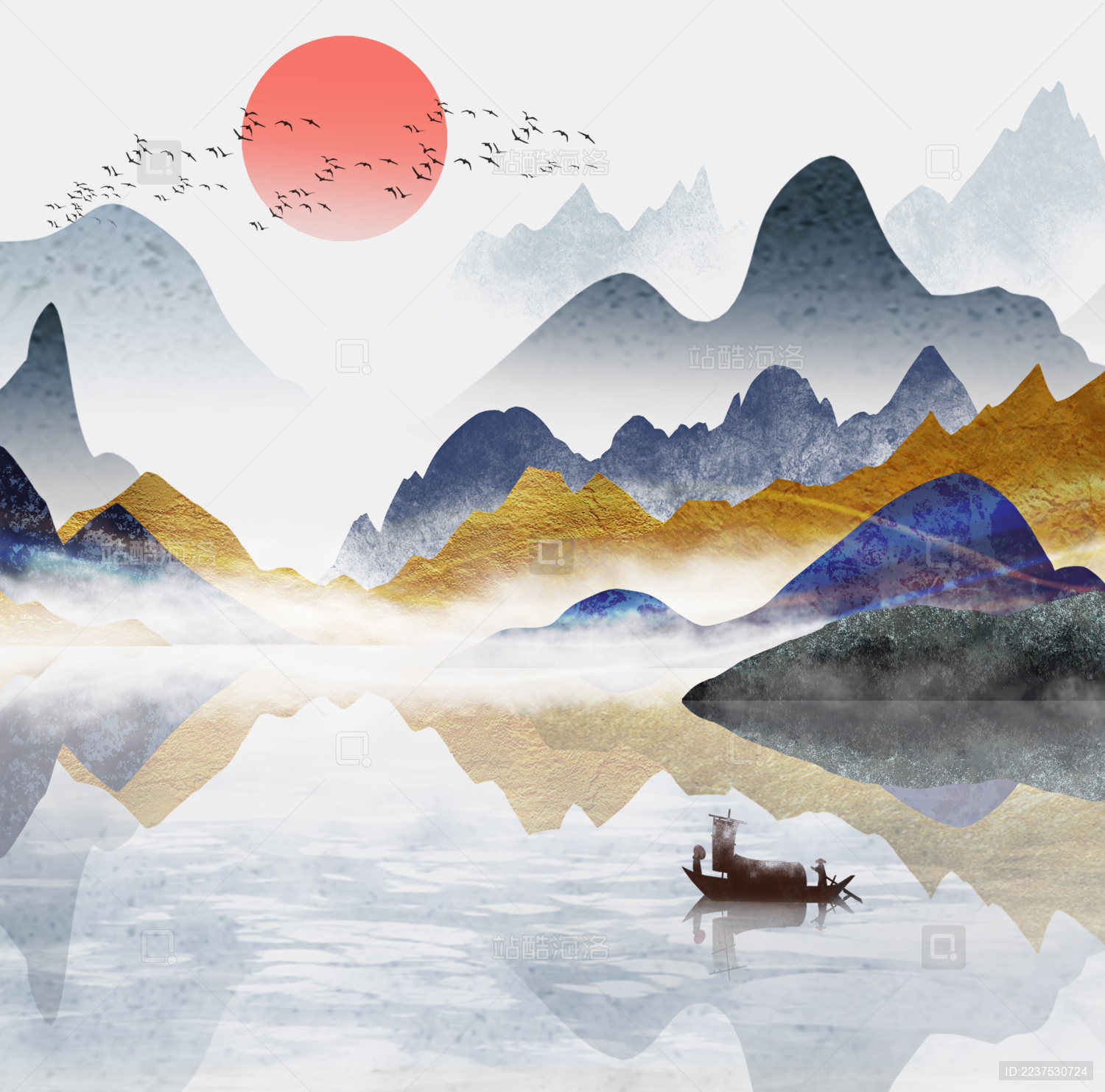 新中式风格下的山水画 落日下的青山绿水