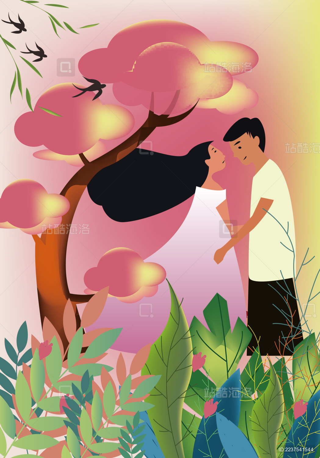 一对情侣在粉色树林前拥吻矢量插画_站酷海洛_正版图片_视频_字体_音乐素材交易平台_站酷旗下品牌